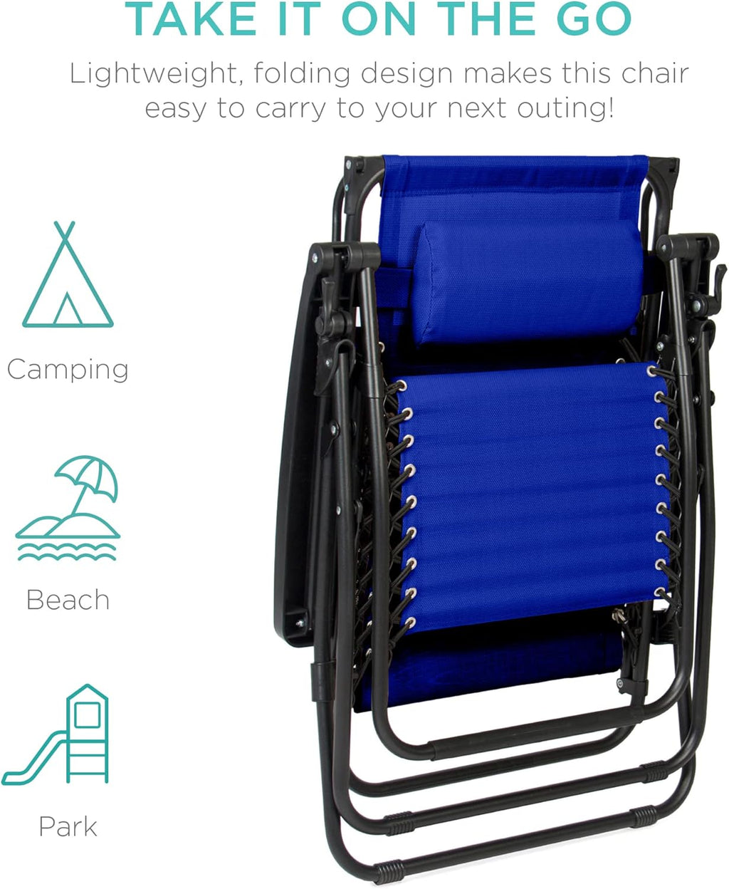 Best Choice Products Folding Zero Gravity Outdoor Recliner Patio Lounge Chair w/Adjustable Canopy Shade, Headrest, Side Accessory Tray, Textilene Mesh - Peacock Blue wourant