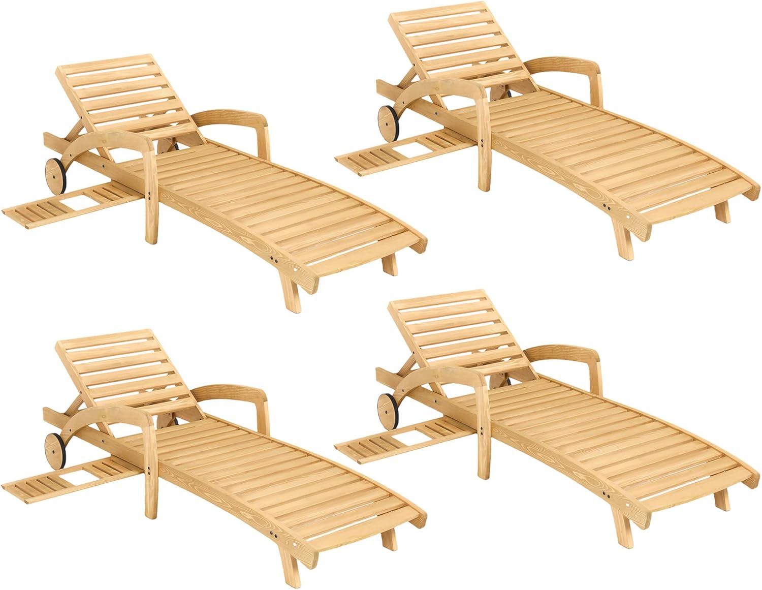 Pool Chaise Lounge Chairs Set of 4 5-Position Adjustable Outdoor Patio Lounge Chairs Wood Reclining Chaise Lounger Chair with Pullout Side Table wourant
