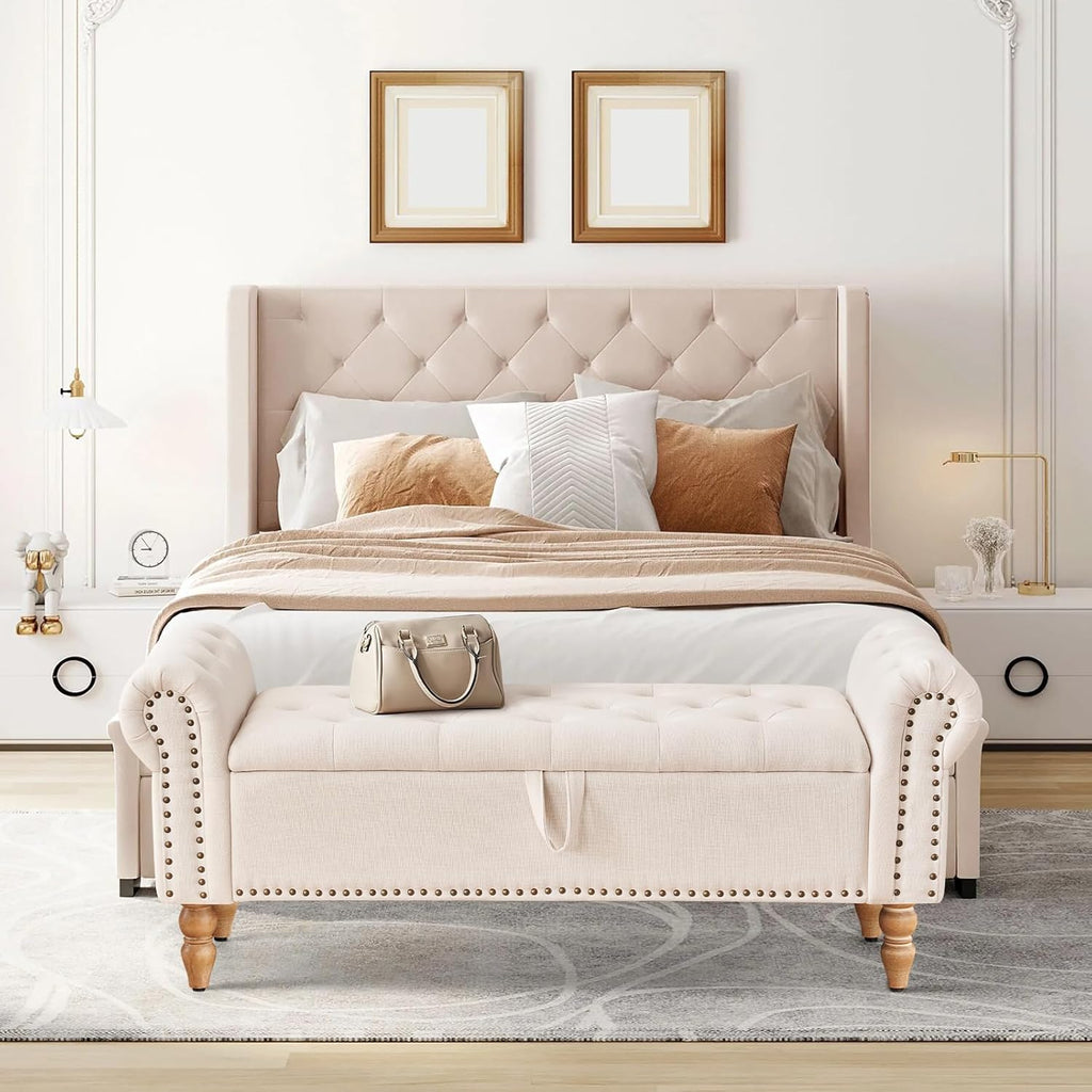 Furniliving Modern Storage Ottoman Bench, Sherpa Ottoman End of Bed Bench with Solid Wood Legs Upholstered Ottoman Benches with Storage Indoor Bench wourant