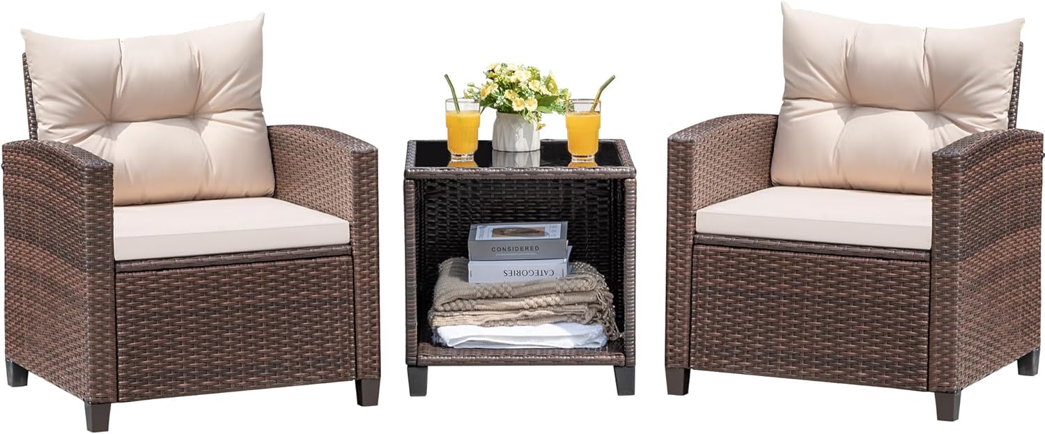 Devoko 3 Pieces Patio Furniture Set, PE Rattan Wicker Patio Set with Two Outdoor Chairs and Table, Upgraded Patio Chairs and Table for Porch, Garden Poolside Balcony woonhhop