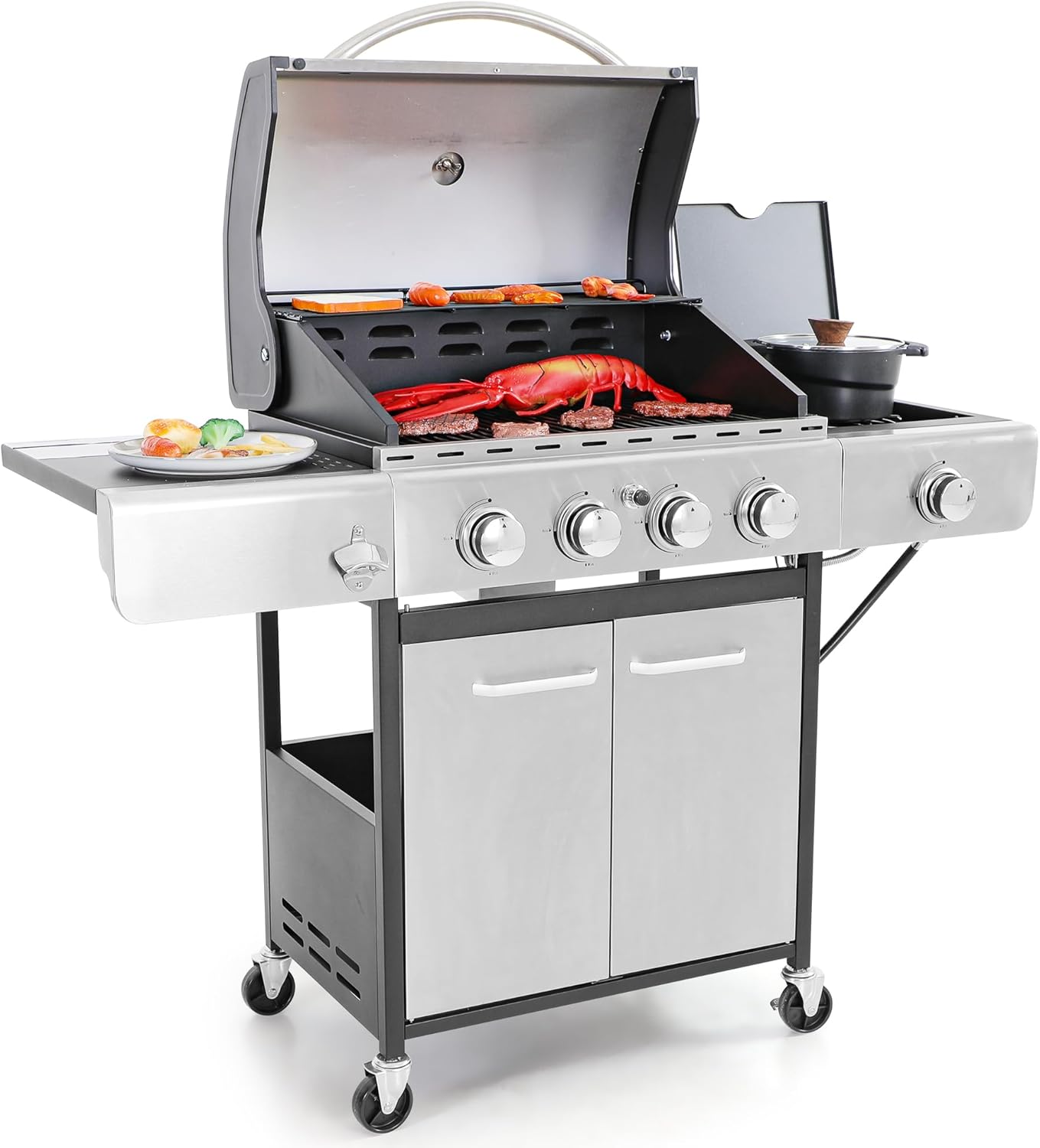 Captiva Designs 4-Burner Propane Gas BBQ Grill with Side Burner & Porcelain-Enameled Cast Iron Grates, 42,000 BTU Output Stainless Steel Grill for Outdoor Cooking Kitchen and Patio Backyard Barbecue wourant