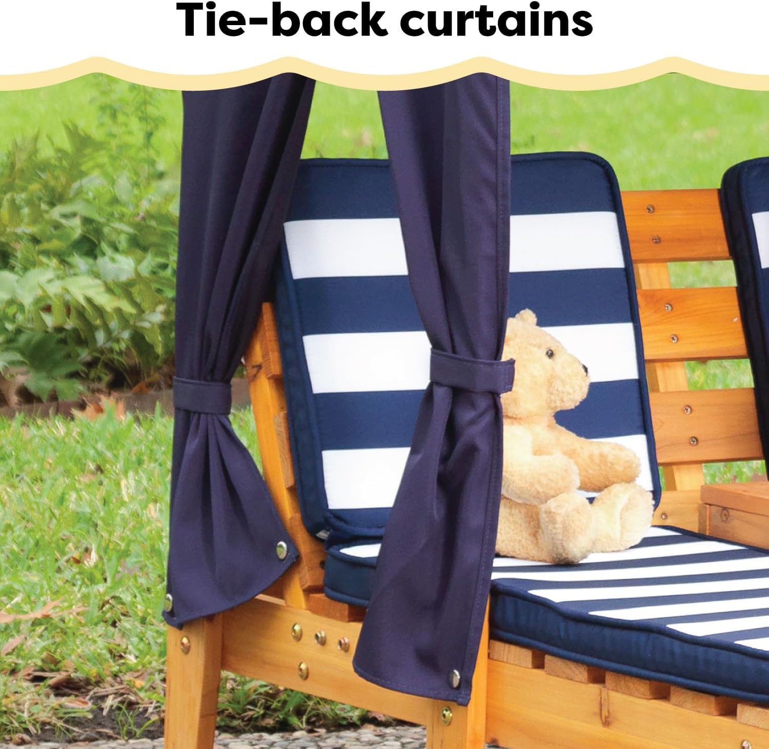 KidKraft Wooden Outdoor Double Chaise Lounge with Cup Holders, Kid's Patio Furniture, Honey with Navy and White Striped Fabric, Gift for Ages 3-8 wourant