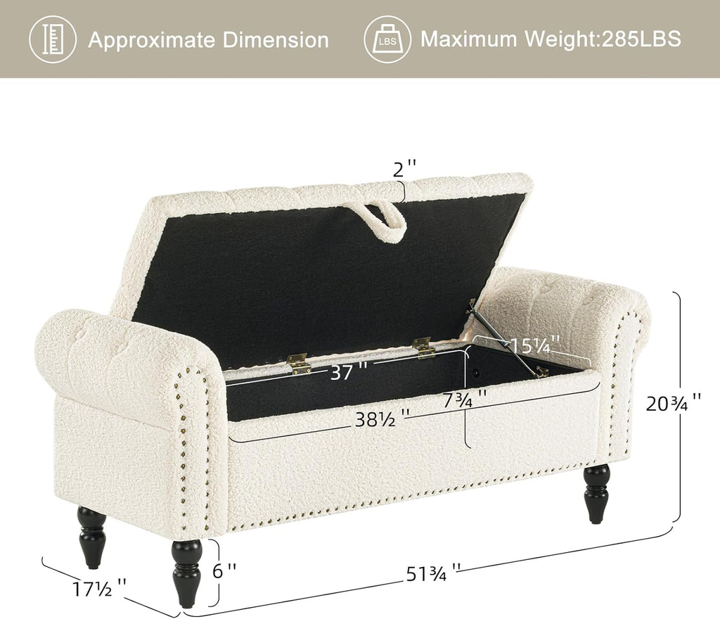 Furniliving Modern Storage Ottoman Bench, Sherpa Ottoman End of Bed Bench with Solid Wood Legs Upholstered Ottoman Benches with Storage Indoor Bench wourant