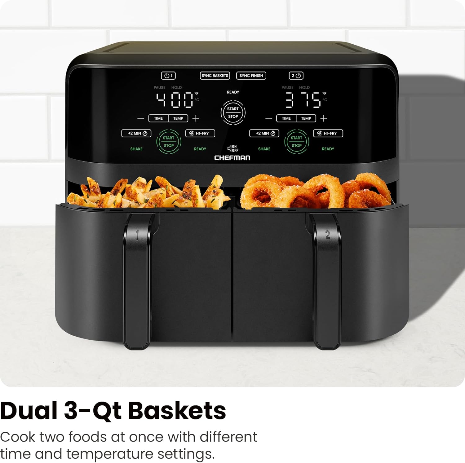 Chefman 6-Quart Dual Basket Air Fryer - Digital Touchscreen, Smart Sync Finish, High-Frying, Auto-Off, 2 Independent 3-Quart Nonstick Pans, Dishwasher-Safe Baskets wourant