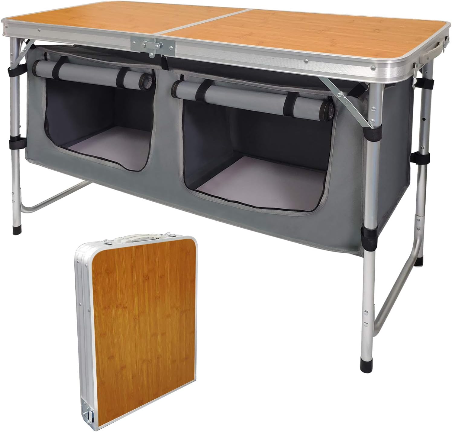 Outdoor Folding Table Aluminum Lightweight Height Adjustable with Storage Organizer for BBQ, Party, Camping wourant