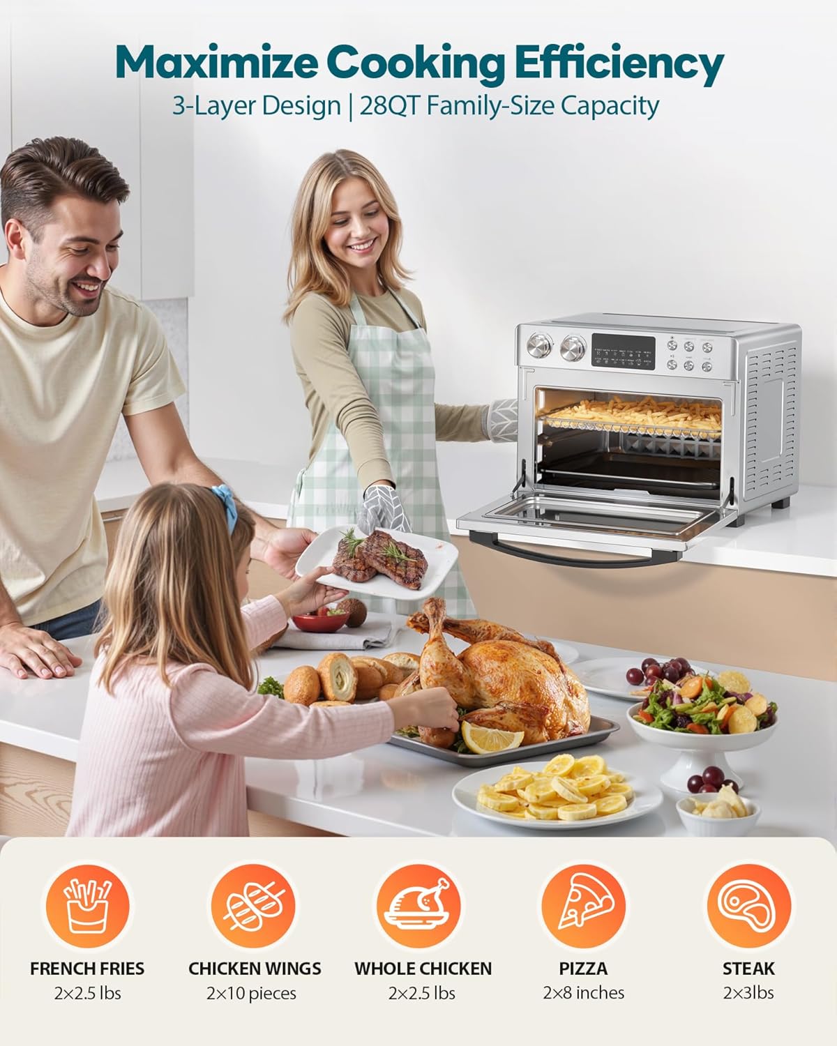 28QT Air Fryer Toaster Oven Combo, Large 12-in-1 Convection Countertop Oven with 3-Layer Cooking, Rotisserie for Chicken, 6 Heating Tubes, Fast Preheat, Fits 11" Pizza, Full Accessories, Sparkle Black wourant