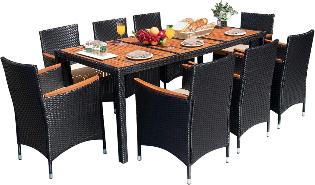 Devoko Dining 7 PCS Furniture, Patio Conversation Set with Acacia Wood Table Top, Rattan Outdoor, Black wourant