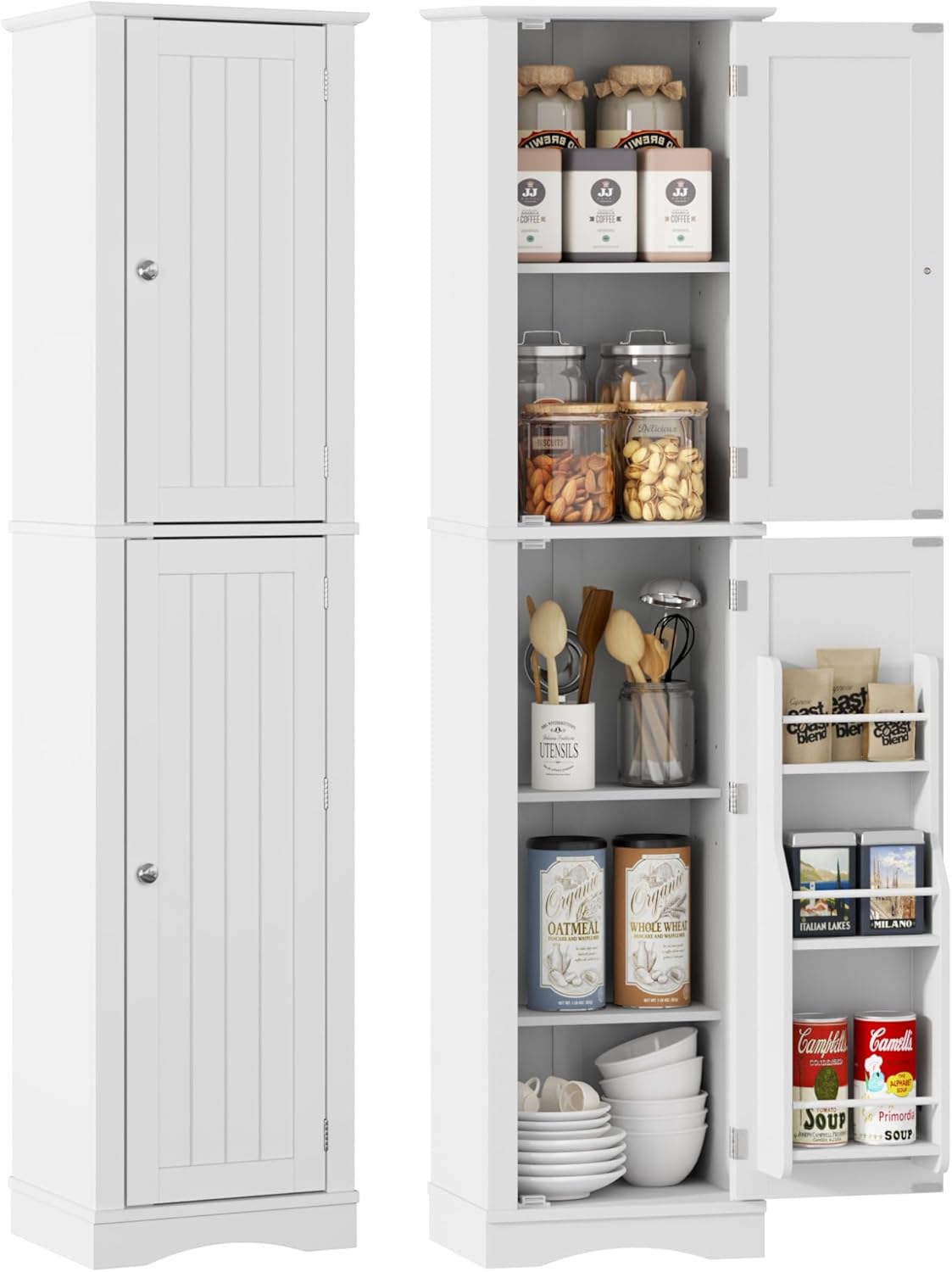 Tall Pantry Cabinet, Freestanding Storage Cabinet, Wooden Kitchen Pantry with 4 Doors and 5 Shelves, 72" Floor Cabinet Organizer wourant