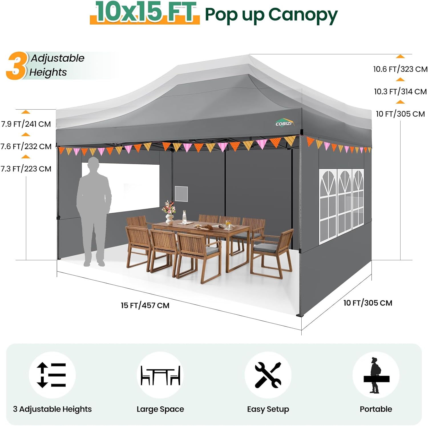 COBIZI 10x20 Heavy Duty Pop up Canopy Tent with 6 sidewalls Easy Up Commercial Outdoor Canopy Wedding Party Tents for Parties All Season Wind & Waterproof Gazebo with Roller Bag,Black(Frame Thickened) wourant