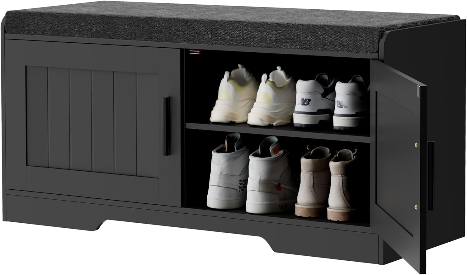 2-Tier Storage Bench, Shoe Bench with Thickened Padded Seat Cushion, Entryway Bench with 4 Doors, Adjustable Shelf, 13.8" D x 45.3" W x 18.5" H, for Entryway, Living Room, Bedroom, White wourant