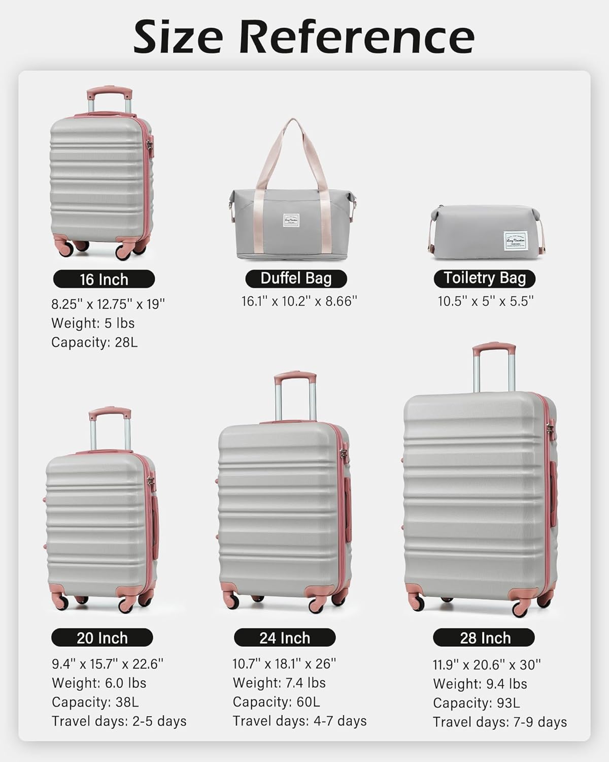 LONG VACATION 6 Piece Luggage Set Carry on Suitcase with ABS+PC hardshell, Spinner Wheels & YKK Zipper TSA Lock wourant