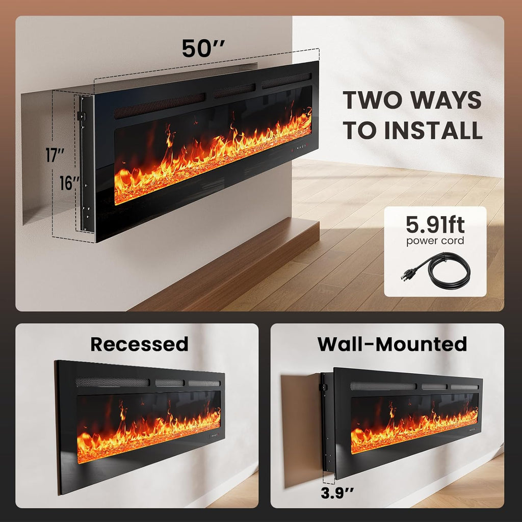 50" Smart Electric Fireplace 5300 BTU Heat Output, Ultra-Slim Wall-Mount or Built-In Electric Fireplace wourant