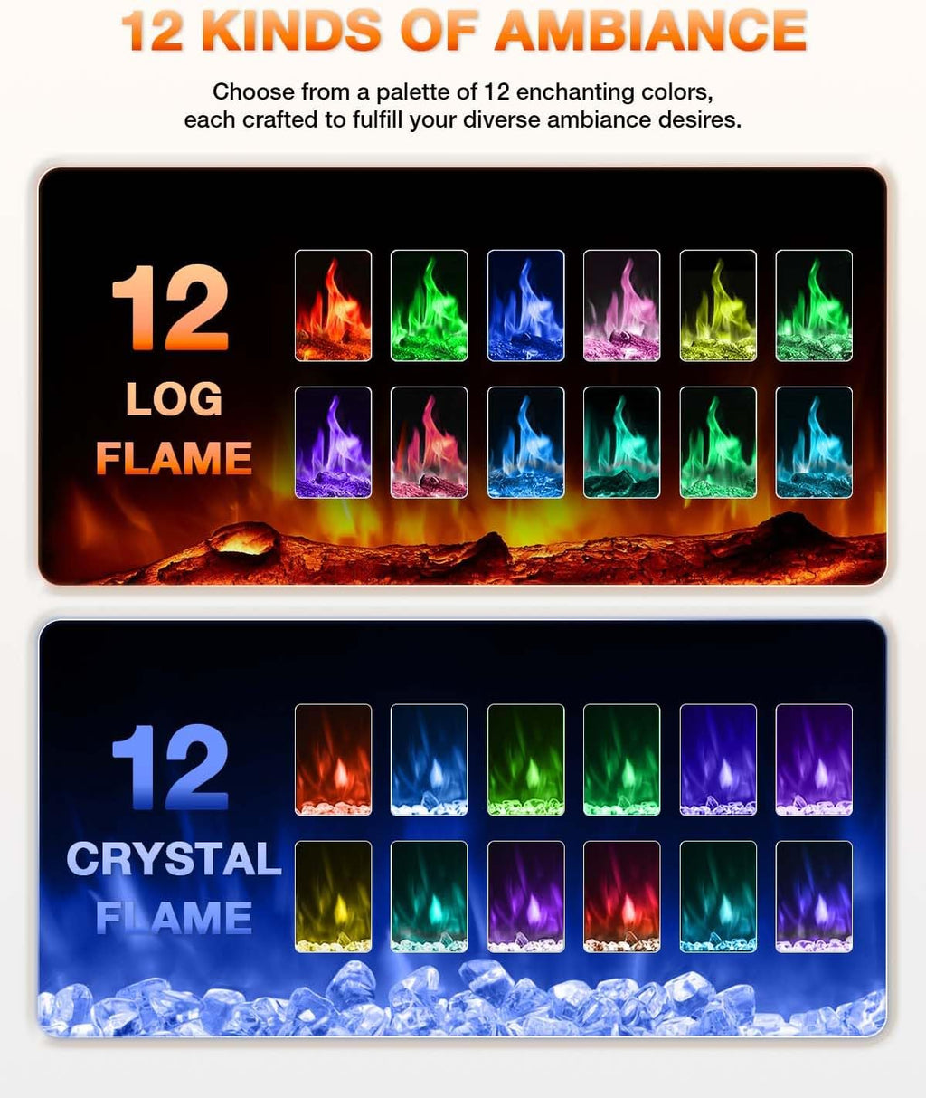 Electric Fireplace 60Inch,Wall Mounted Electric Fireplace Heater with Timer Inserts，TV Stand Touch Screen and Realistic Flame,Log Set,Crystal Flames 750 to 1500W，Remote for Living Room wourant