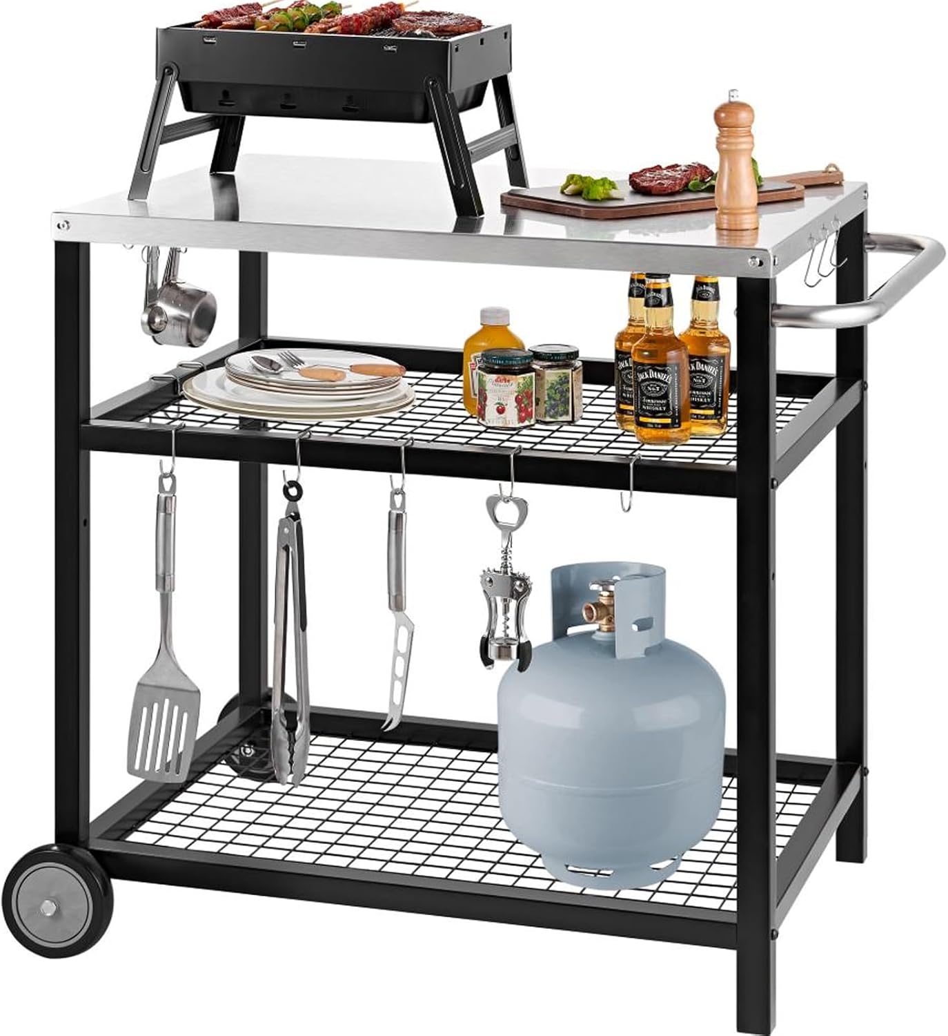 Stainless Steel Outdoor Grill Cart Pizza Oven Stand Trolley Table with Wheels Three-Shelf Movable Food Prep and Work Table Heavy Duty Grill Carts Outdoor Cart 31.5"×24"×35.5" wourant