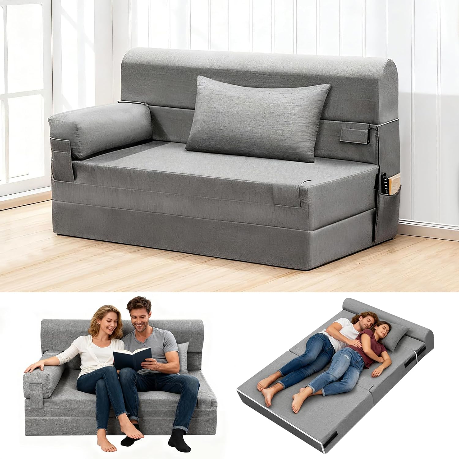 Folding Sofa Bed Convertible Sleeper Chair with Pillow Modern Linen Fabric Comfy Floor wourant