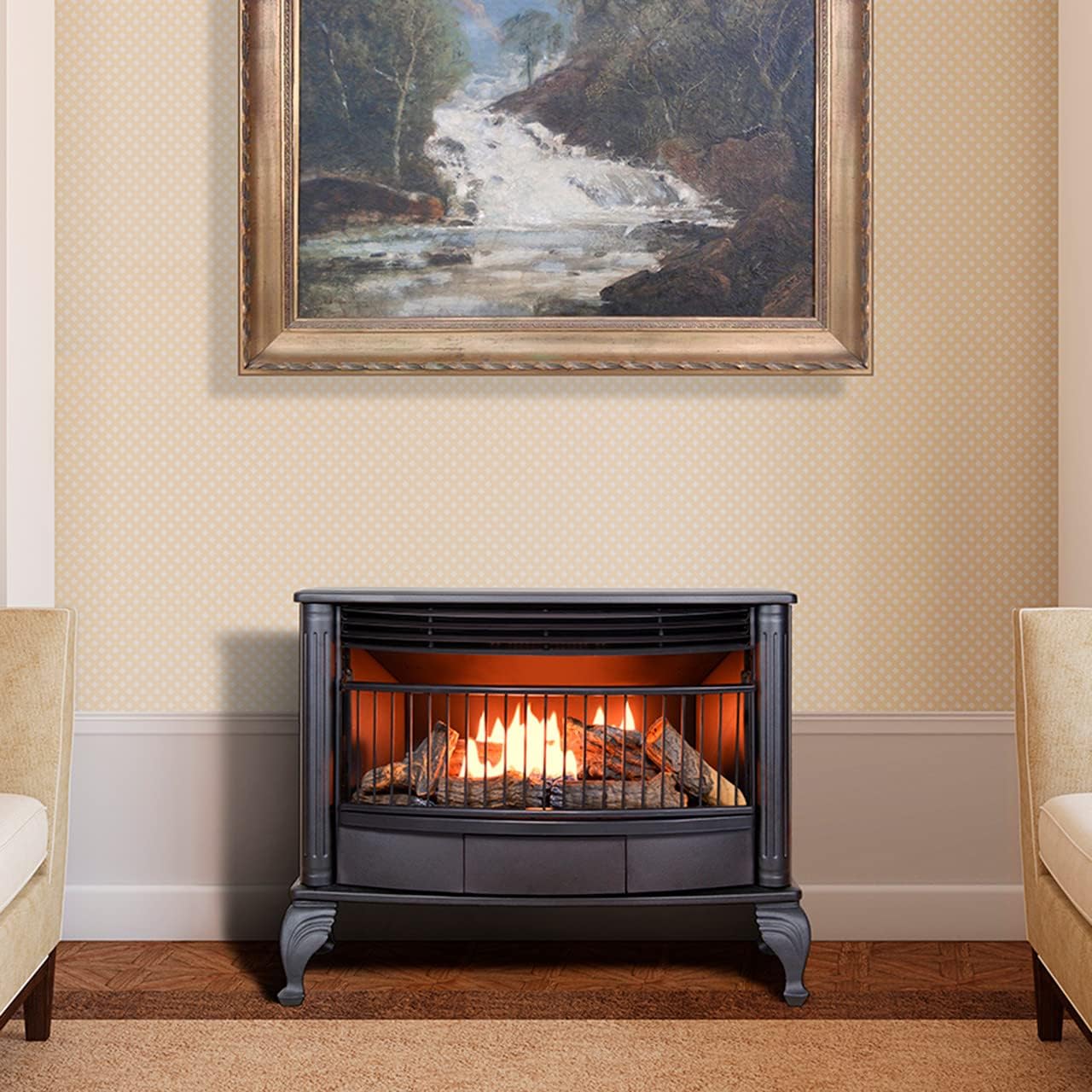 Vent-free 25,000 BTU space-saving freestanding dual-fuel fireplace with built-in thermostat control wourant