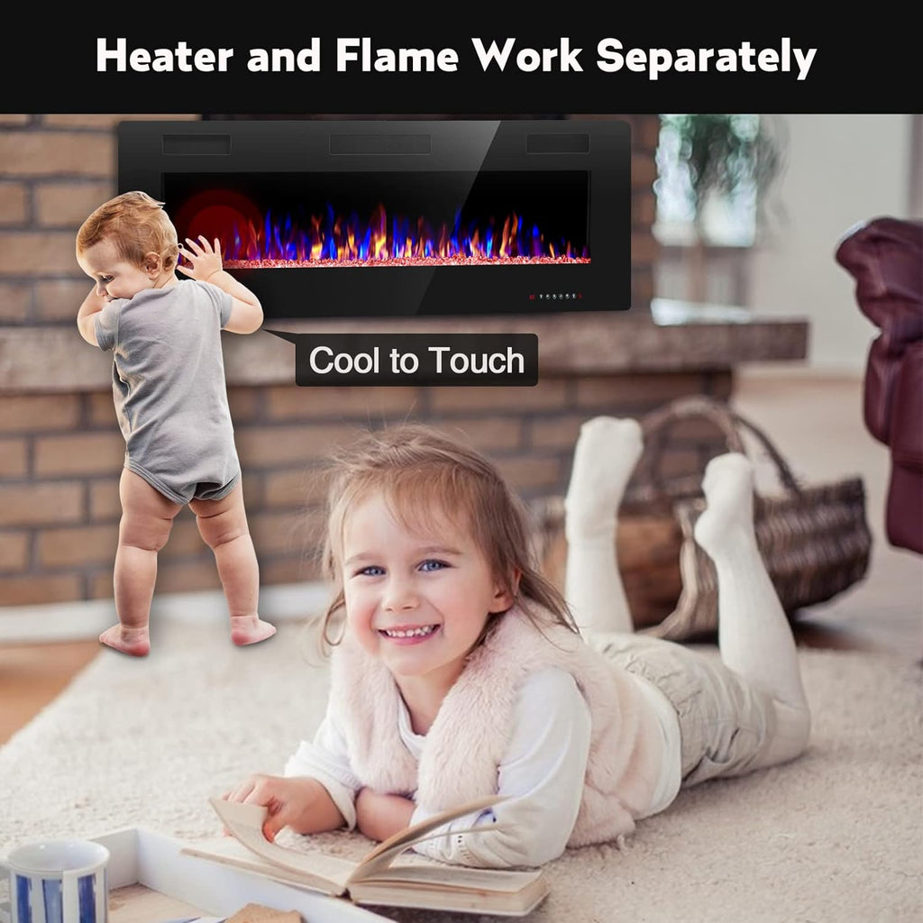 R.W.FLAME 60" Recessed and Wall Mounted Electric Fireplace, Low Noise, Fit for 2 x 6 Stud, Remote Control with Timer, Touch Screen, Adjustable Flame Color and Speed, 750-1500W wourant