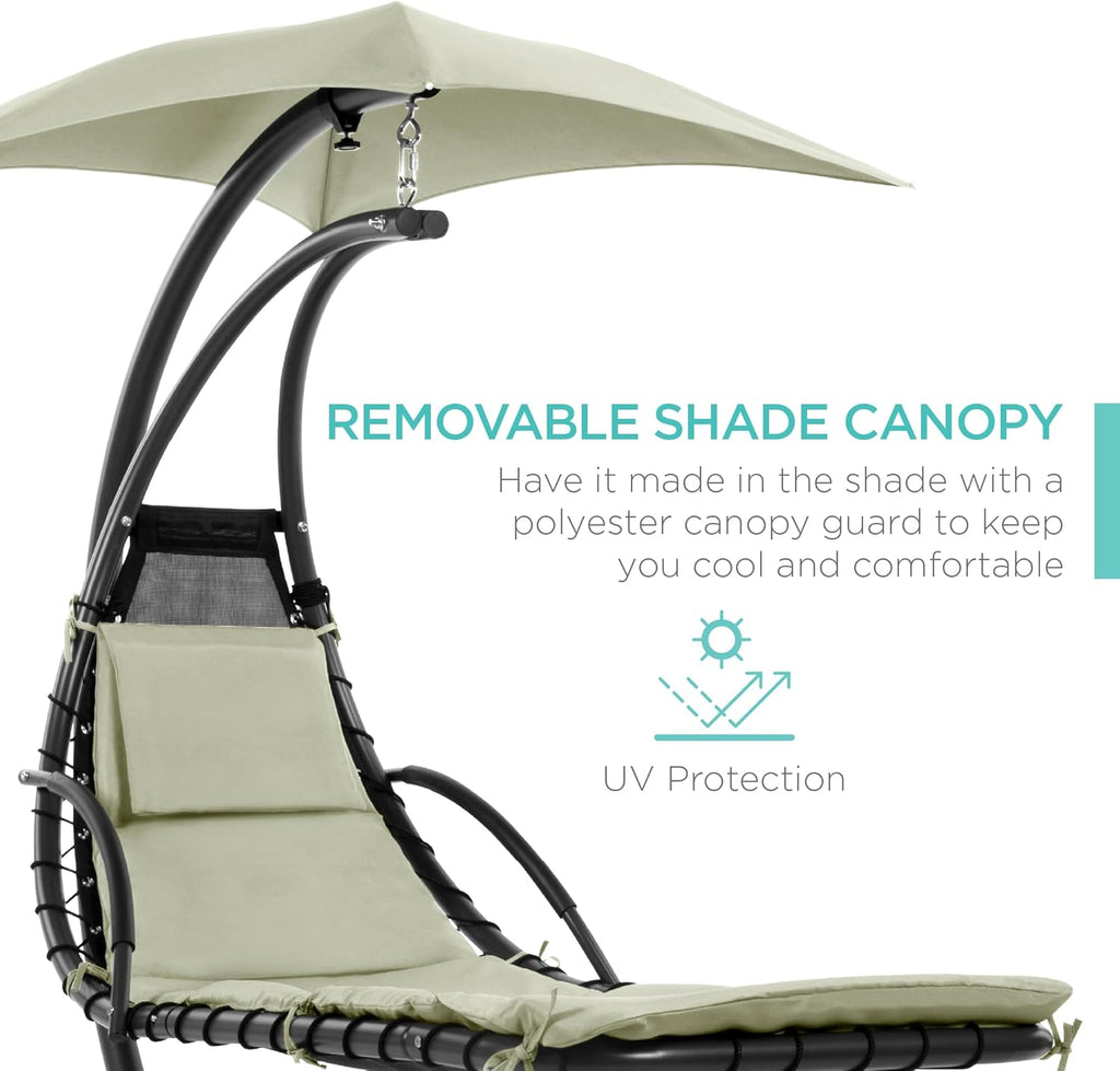 Best Choice Products Outdoor Hanging Curved Steel Chaise Lounge Chair Swing w/Built-in Pillow and Removable Canopy - Charcoal Gray wourant