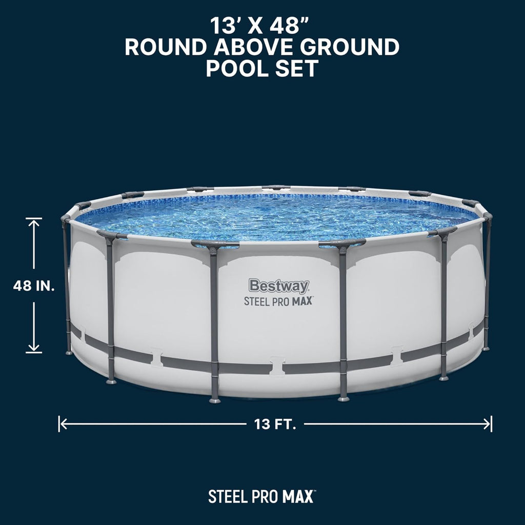 Steel Pro MAX 14 Foot x 48 Inch Round Metal Frame Above Ground Outdoor Swimming Pool Set with 1,000 Filter Pump, Ladder, and Cover, Gray wourant