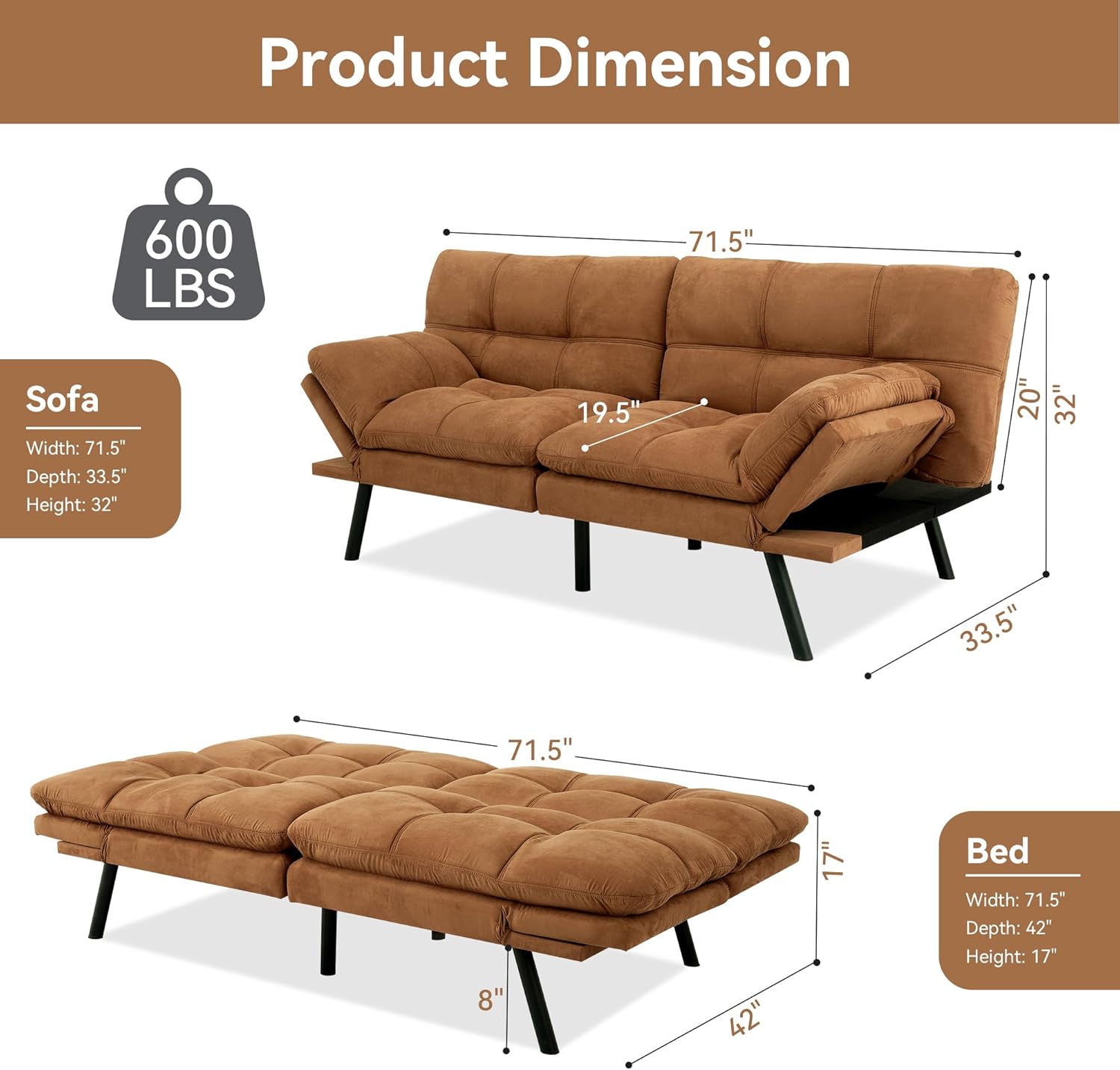 Amazon Basics Brown Loveseat,Convertible Couch Memory Foam Futon Sofa Bed Modern Sleeper Sofa for Small Compact Living Room,Office,Apartment, Linen Fabric wourant