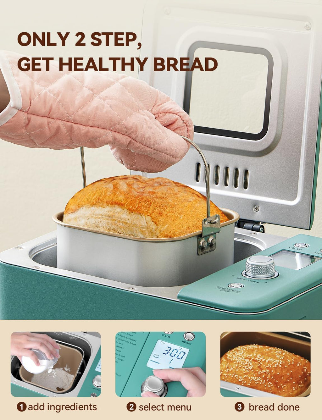 Neretva Bread Maker, 20-IN-1 2LB Bread Machine Dual Heater Bread Maker Machine Automatic with Nonstick Ceramic Pan, 15H Timer & 1H Keep Warm Set, Low Noise, Stainless Steel Breadmaker Recipe-Green wourant