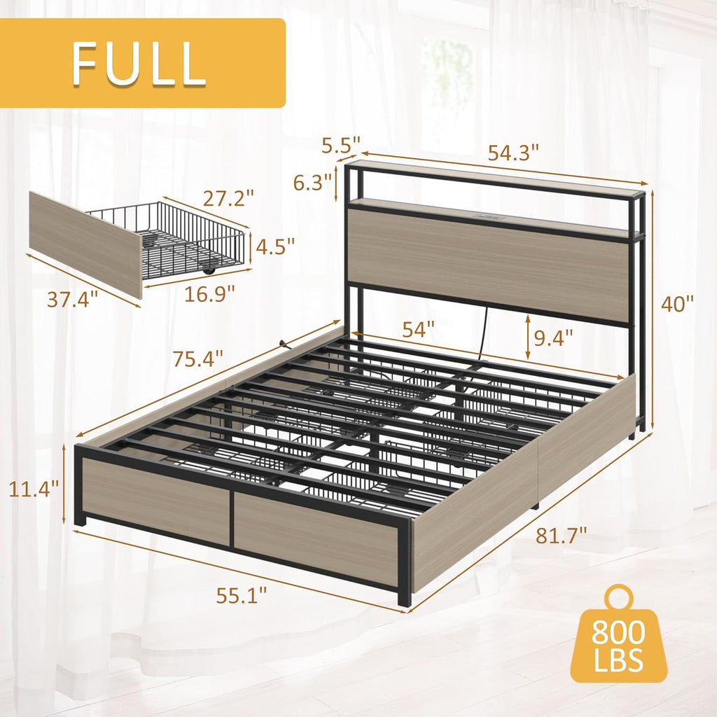 Lifezone Queen Bed Frame with 2-Tier Storage Headboard, Metal Platform Bed Frame with 4 Storage Drawers, Built in Charging Station & LED, Noise-Free/Metal Support/No Box Spring Needed wourant