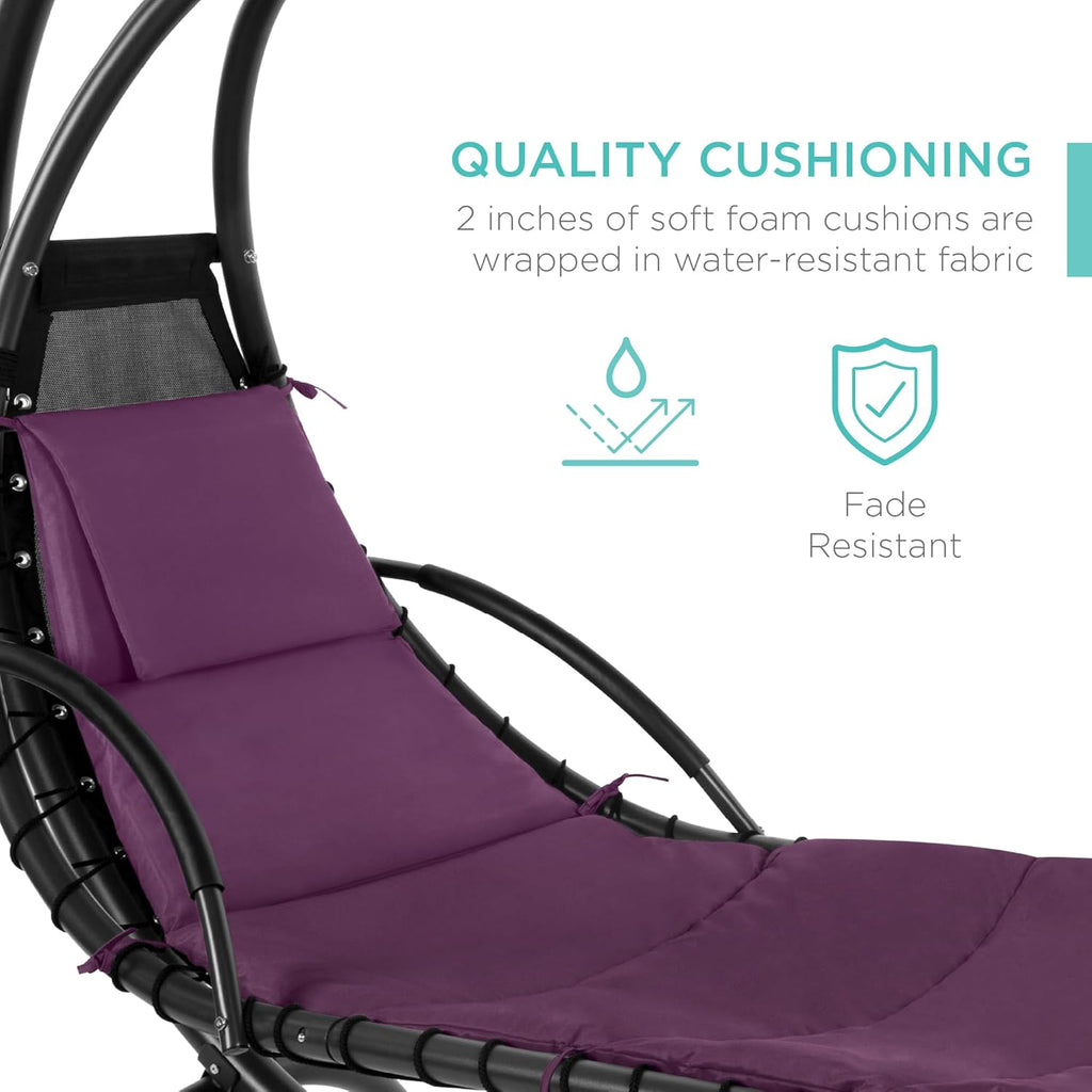 Best Choice Products Outdoor Hanging Curved Steel Chaise Lounge Chair Swing w/Built-in Pillow and Removable Canopy - Charcoal Gray wourant