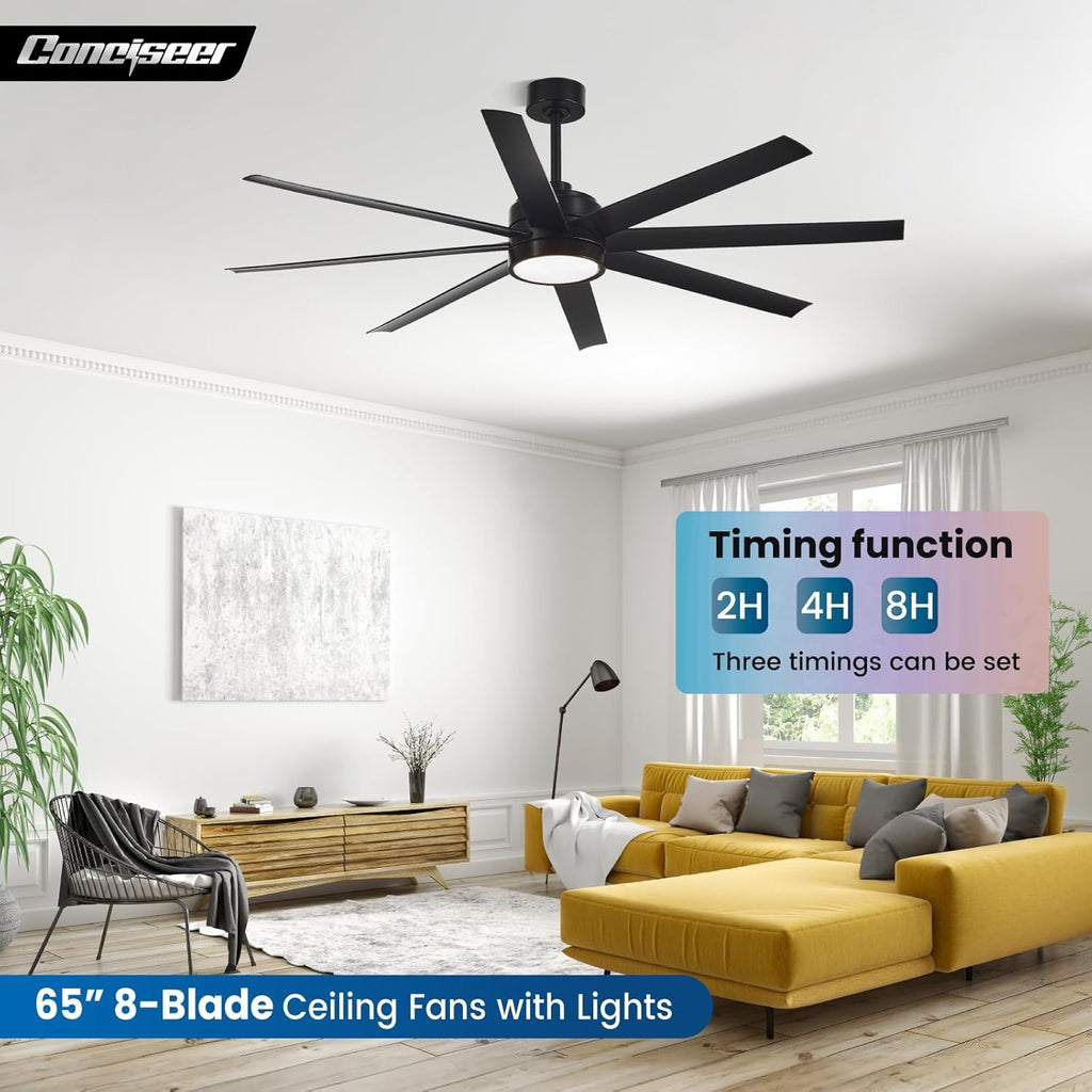 Modern Ceiling Fans with Lights, 72 Inch Ceiling Fan with Light and Remote, Bedroom Living Room Library Cafe Outdoor/Industrial,24W 3CCT Dimmable, 8 Blades 6 Speed Reversible Quiet DC Motor, Black wourant
