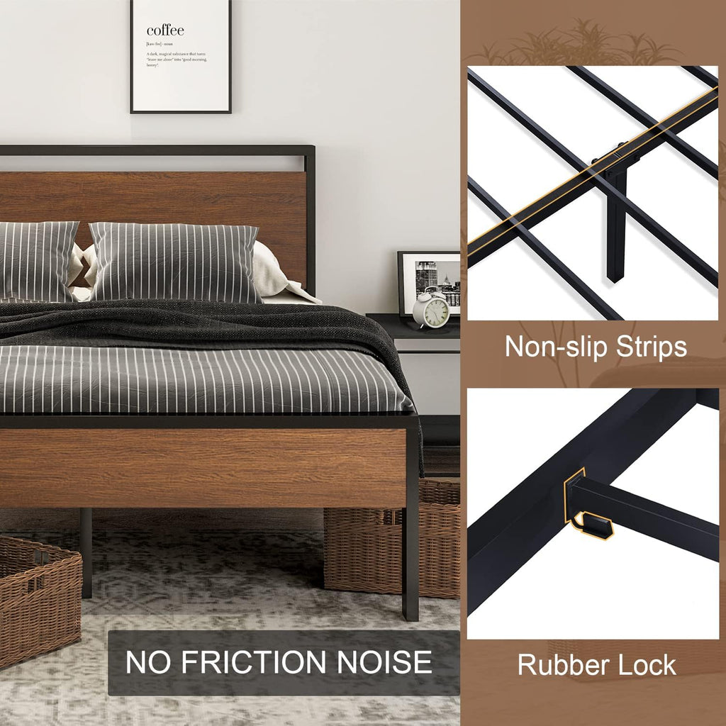SHA CERLIN 14 Inch Queen Size Metal Platform Bed Frame with Wooden Headboard and Footboard wourant