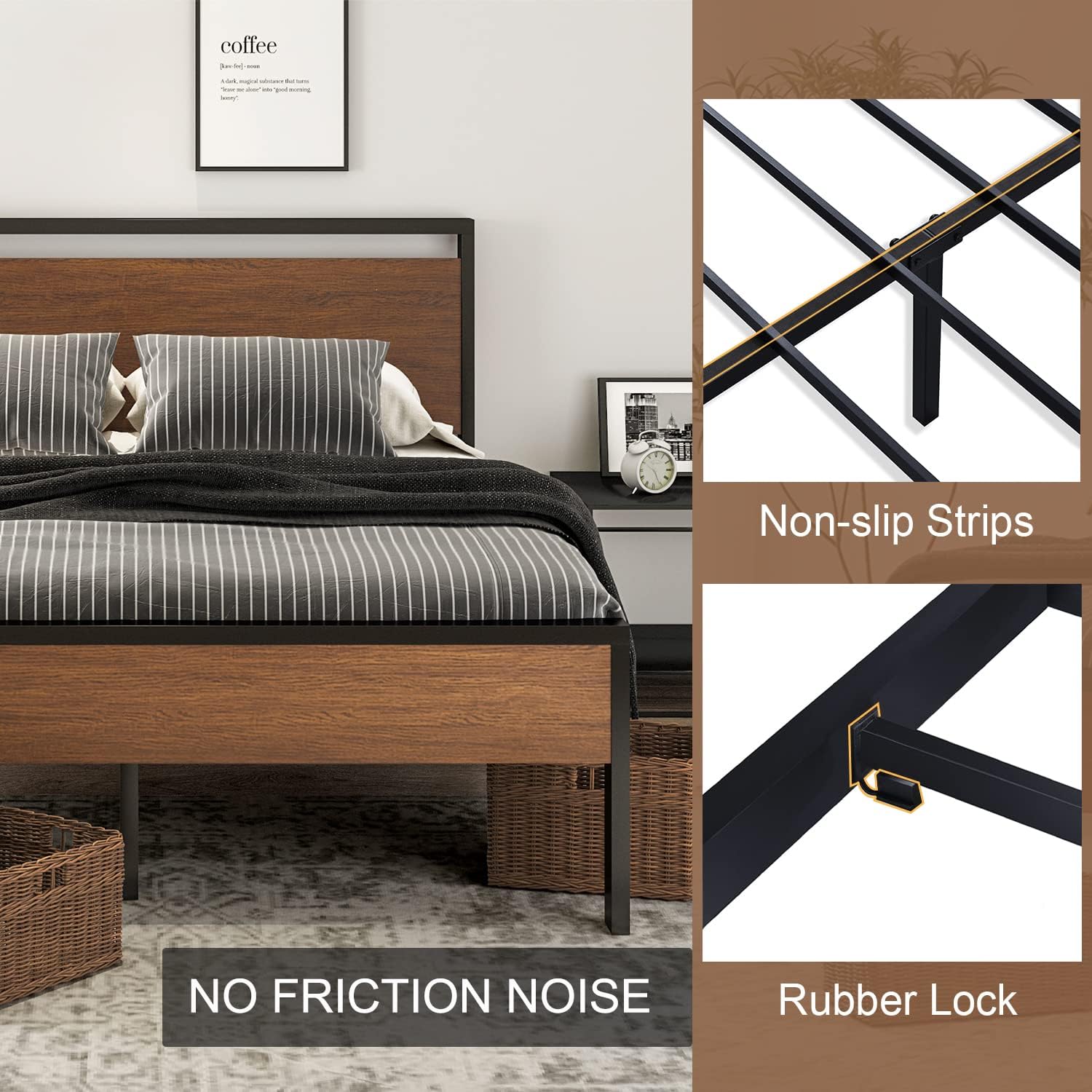 SHA CERLIN 14 Inch Queen Size Metal Platform Bed Frame with Wooden Headboard and Footboard wourant