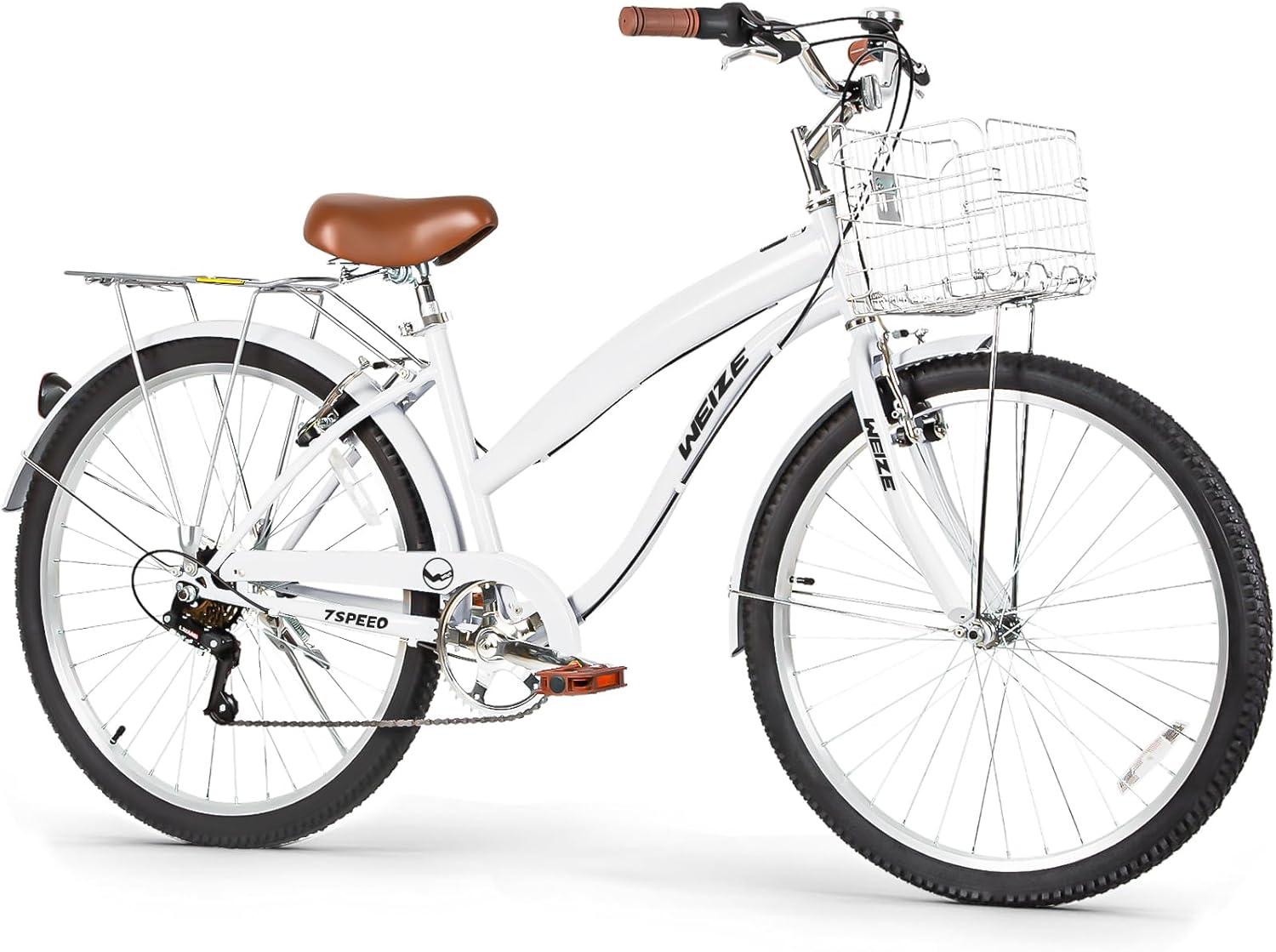 WEIZE Beach Cruiser Bike, 26 inch Commuter Bicycle for Adult Men and Women, 7-Speed/High-Carbon Steel/Front & Rear Fenders, Comfortable City Bikes with Rear Rack or Basket, Ergonomic Upright Design wourant
