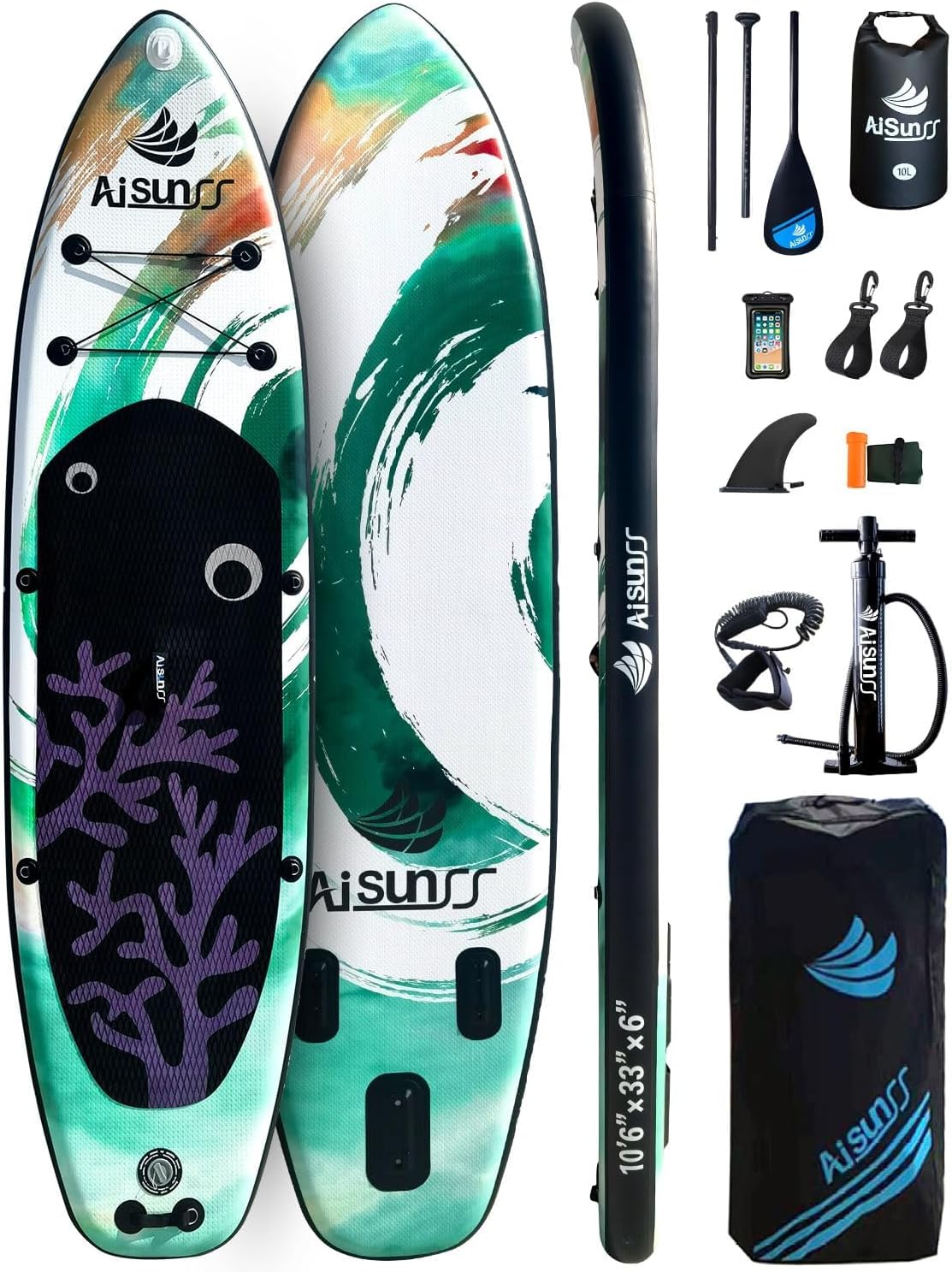 Inflatable wide SUP board with SUP carrying bag, hand pump, 10L waterproof bag and adjustable paddle wourant