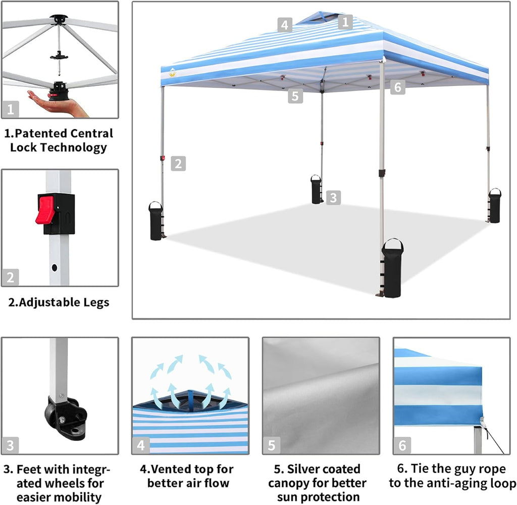 10x10 Pop-Up Awning - One-Click Installation Beach Tent - Outdoor Sunshade Silver Coated Top, 3 Heights and 4 Sand Pockets wourant