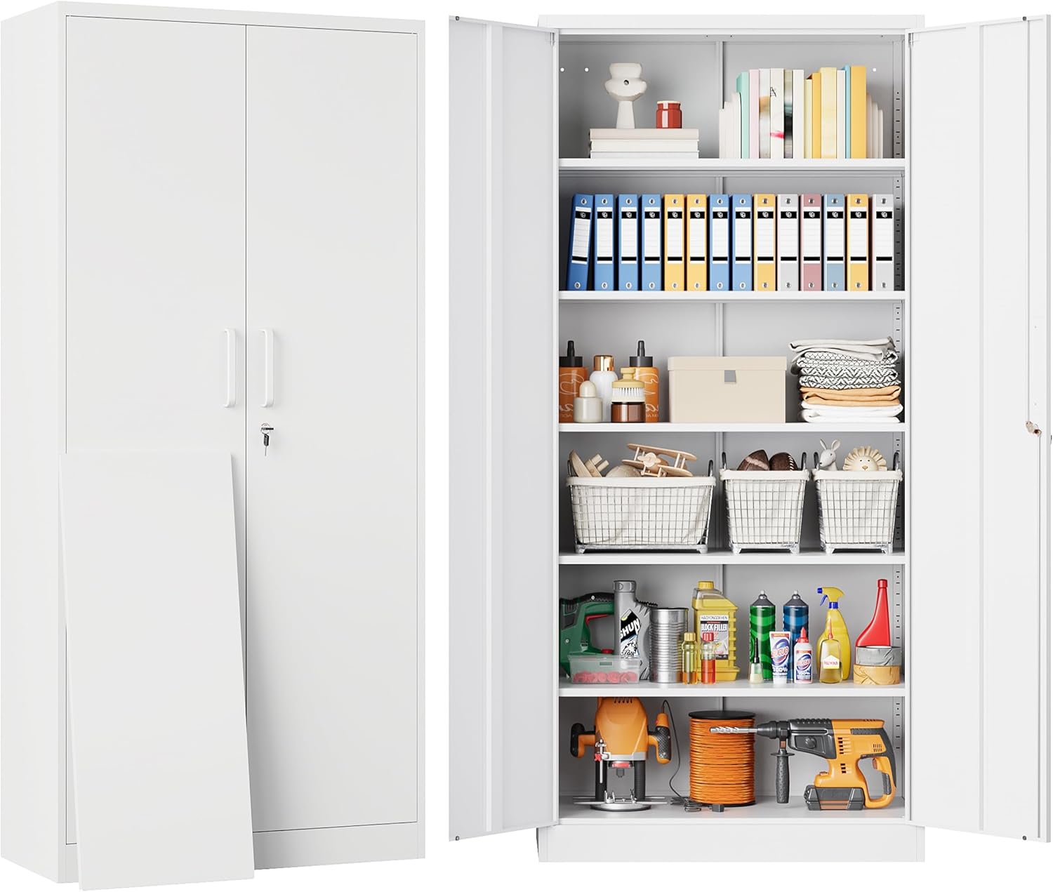 Metal Storage Cabinet with 2 Doors and 6 Shelves,Black Metal Cabinet with Lock,71" Lockable Garage Storage Cabinets,Locking File Cabinet,Steel Tool Cabinets for Home,Office,Garage,Shop,School wourant