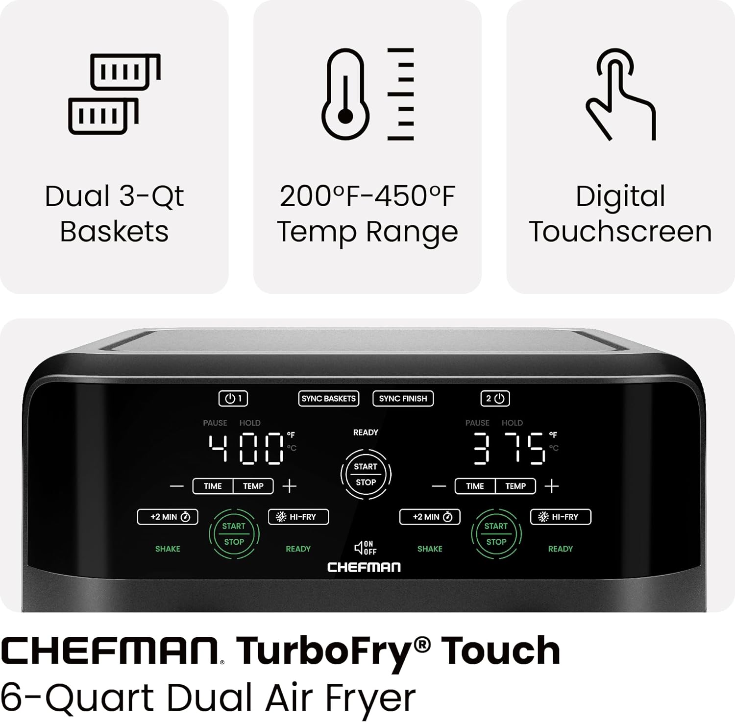 Chefman 6 Quart Dual Basket Air Fryer - Digital Touchscreen, Smart Sync Finish, Hi-Fry, Auto Shutoff, 2 Independent 3QT Nonstick Dishwasher-Safe Frying Baskets - Digital Double Air Fryer - Black wourant