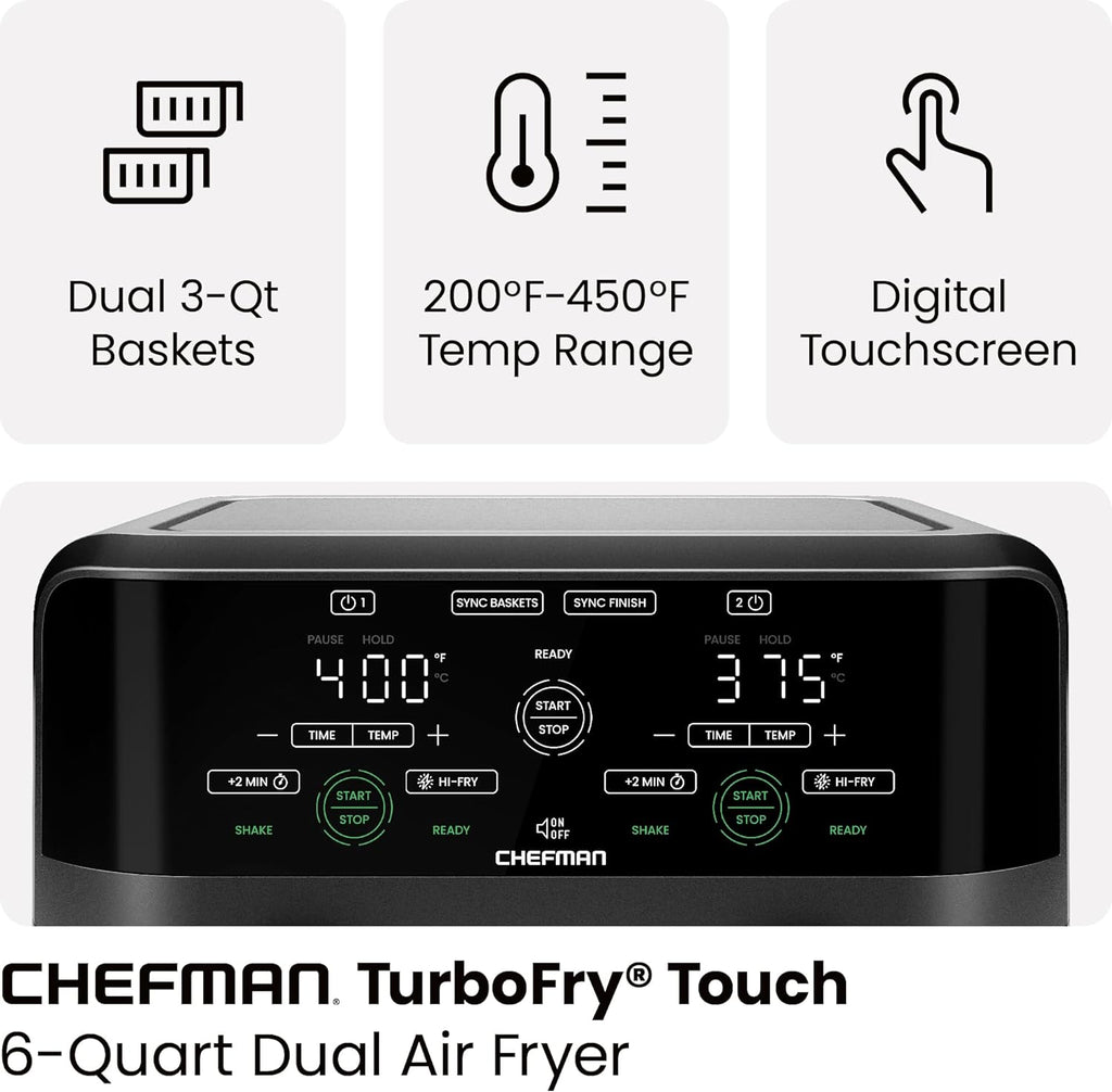 Chefman 6-Quart Dual Basket Air Fryer - Digital Touchscreen, Smart Sync Finish, High-Frying, Auto-Off, 2 Independent 3-Quart Nonstick Pans, Dishwasher-Safe Baskets wourant