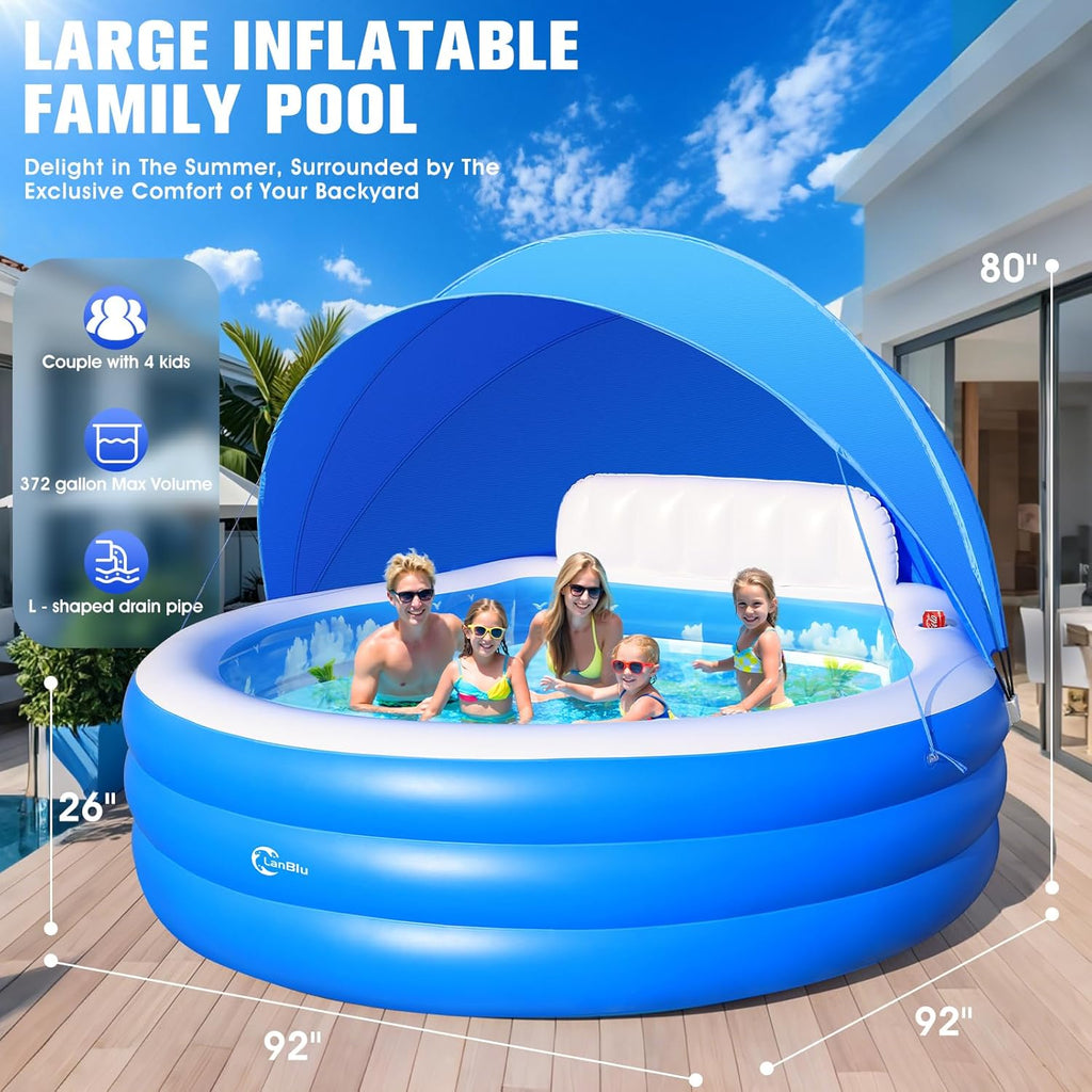 2025 Upgraded Inflatable Pool with Canopy, Inflatable Family Lounge Pool, Round Blow Up Pool for Adult with Bench & Backrest, Swim Center Easy Backyard Pools for Kids & Adults, 92"x92"x26", Blue wourant