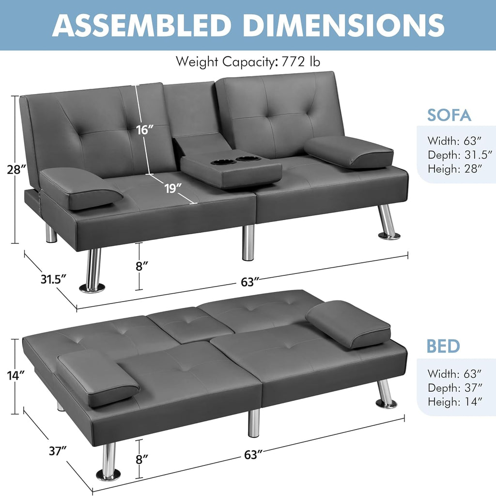 Yaheetech Convertible Sofa Bed Adjustable Couch Sleeper Modern Faux Leather Home Recliner Reversible Loveseat Folding Daybed Guest Bed, Removable Armrests, Cup Holders, 3 Angles, 772lb Capacity, Brown wourant