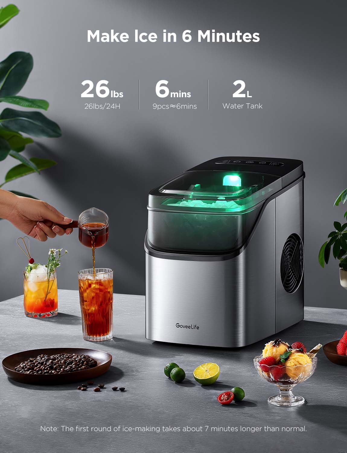GoveeLife Smart Ice Maker Countertop, Portable Ice Machine with Voice Control, 9 Ice Cubes in 6 Minutes 3 Sizes, 26lbs/24Hrs, Self Cleaning RGB Lights, Quiet Ice Maker with Scoop for Kitchen Black wourant