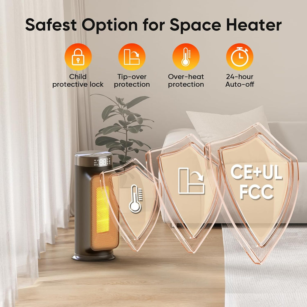 1500W Space Heaters for Indoor Use, Smart PTC Electric Heater with Wifi/App & Remote Control, 24H Timer, 90° Oscillation, Overheat and Tip-Over Protection, 5 Modes for Home Office Bedroom Bathroom wourant