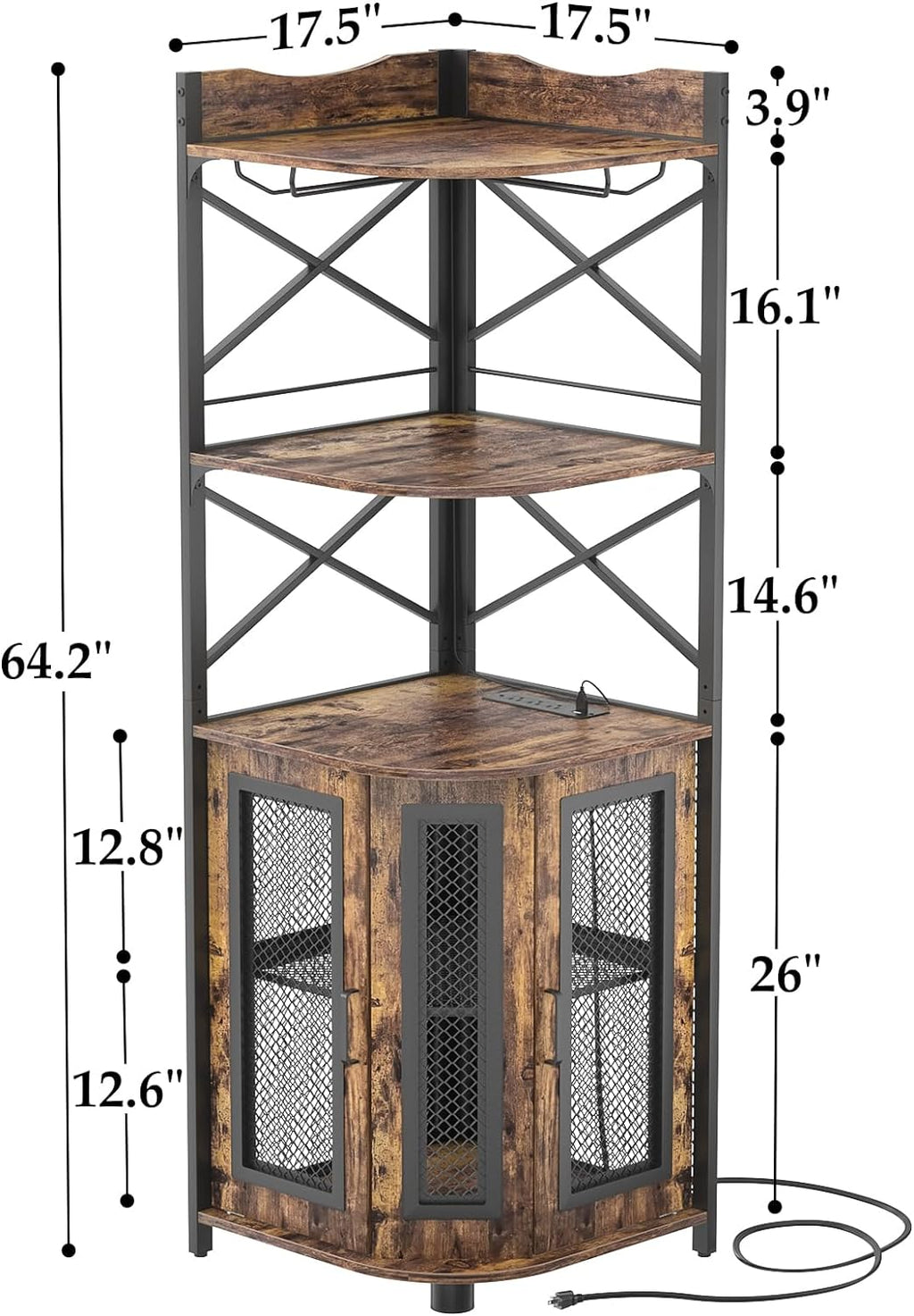 Aheaplus Corner Bar Cabinet with Power Outlet, Industrial Wine Cabinet with LED Strip and Glass Holder, 5-Tiers Liquor Cabinet Bar Unit for Home, Corner Display Cabinet for Small Space, White Oak wourant