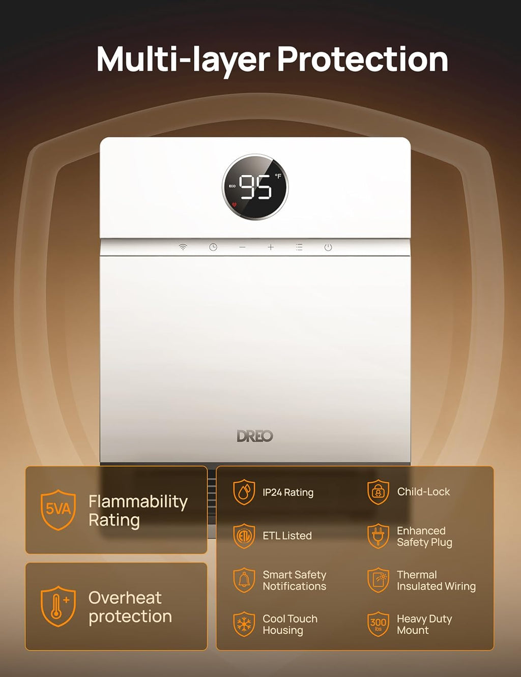 Dreo Smart Wall Heater, IP24 Electric PTC Space Heaters for Indoor Use, 30° Oscillation, Adjustable Thermostat, Remote Control, Works with Alexa, 24H Timer, Easy-mounted for Bedroom, Office, Home wourant
