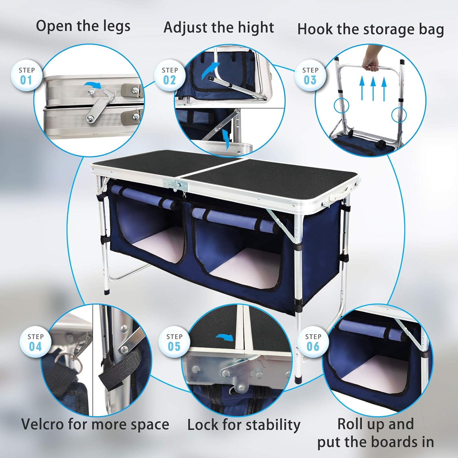 Outdoor Folding Table Aluminum Lightweight Height Adjustable with Storage Organizer for BBQ, Party, Camping wourant