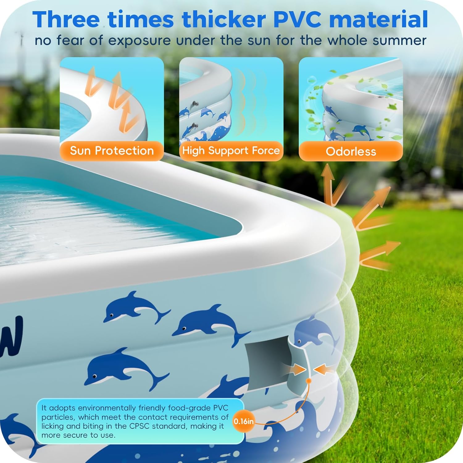 Inflatable Swimming Pool with Seats, 130" x 72" x 22" Full-Sized Durable PVC Thickened Above Ground Family Blow Up Pool for Outdoor Summer Water Party Backyard Garden Lawn wourant