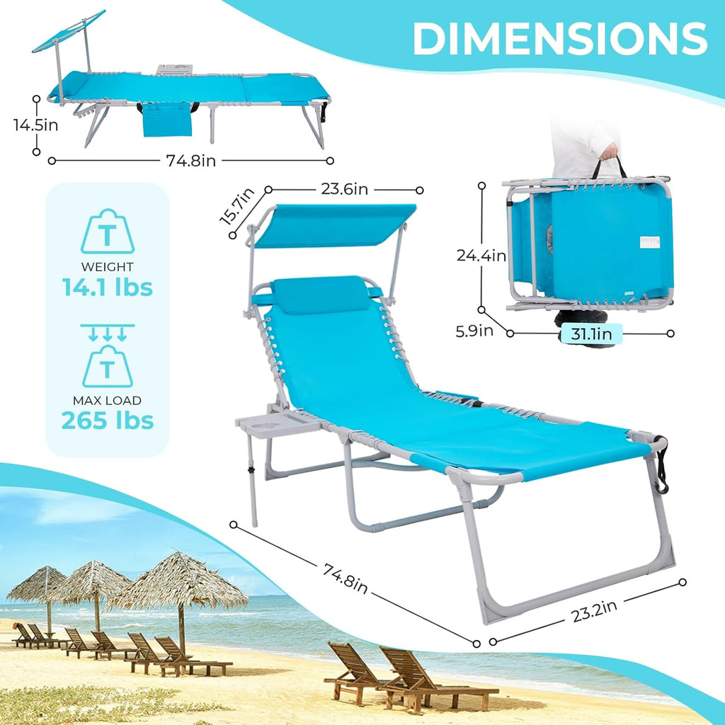 2 Pack Outdoor Chaise Lounge Chair - Portable Folding Patio Pool Lounge Chair, 5 Positions Adjustable Reclining Camping Chair with Side Table,Shoulder Strap, Pillow for Beach Sunbathing Lawn wourant