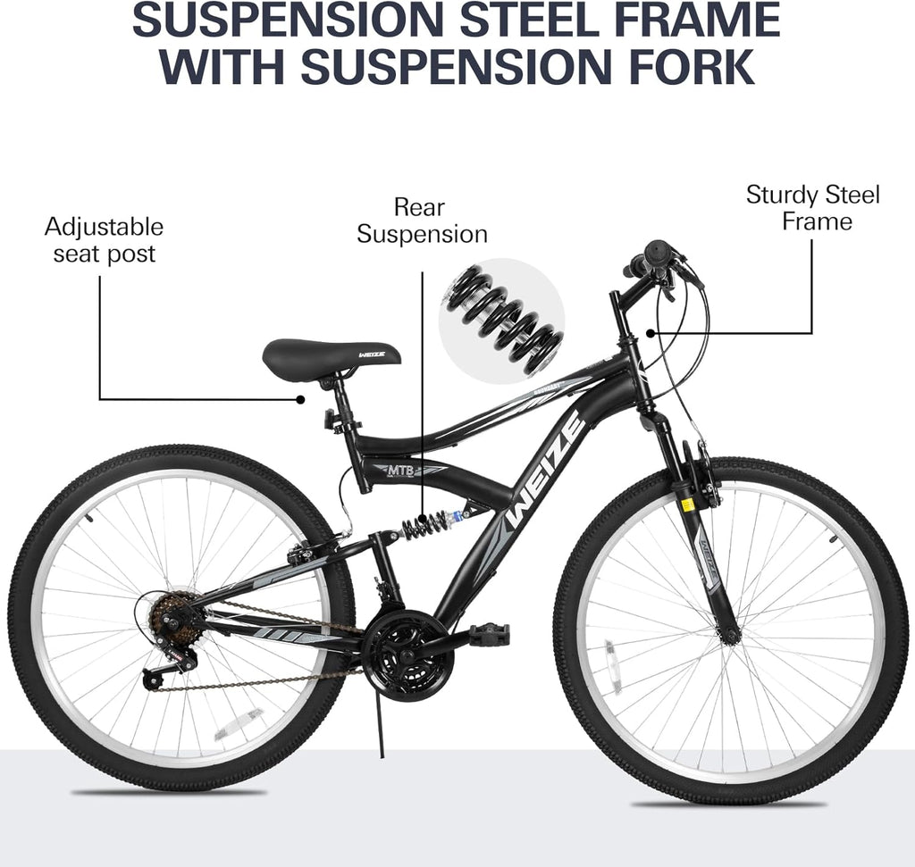 WEIZE Mountain Bike, 26 27.5 inch Outdoor Hybrid Bikes,18-Speed/High-Carbon Steel/Dual Full Suspension, Adjustable Ergonomic Seat for Men Women Adult, MTB Bicycle with Suspension Fork,Sleek Colors wourant