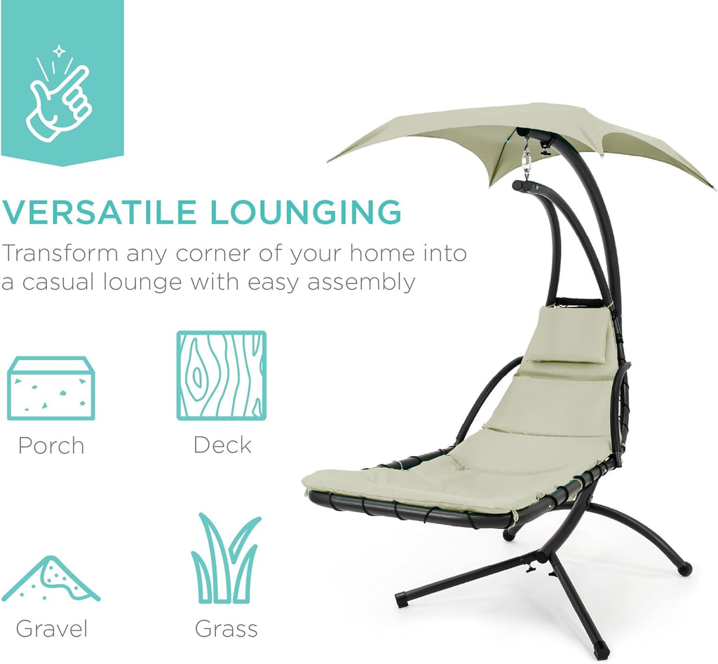 Best Choice Products Outdoor Hanging Curved Steel Chaise Lounge Chair Swing w/Built-in Pillow and Removable Canopy - Charcoal Gray wourant