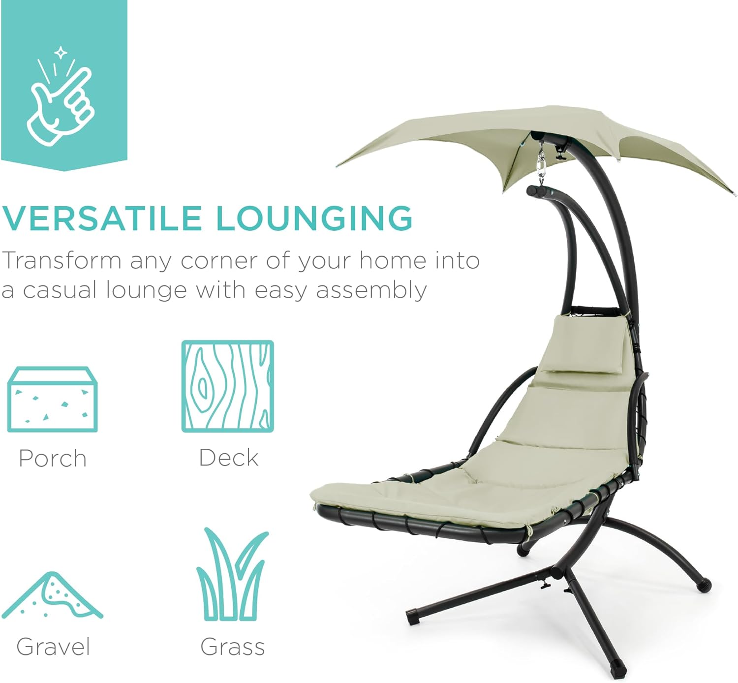 Best Choice Products Outdoor Hanging Curved Steel Chaise Lounge Chair Swing w/Built-in Pillow and Removable Canopy - Charcoal Gray wourant