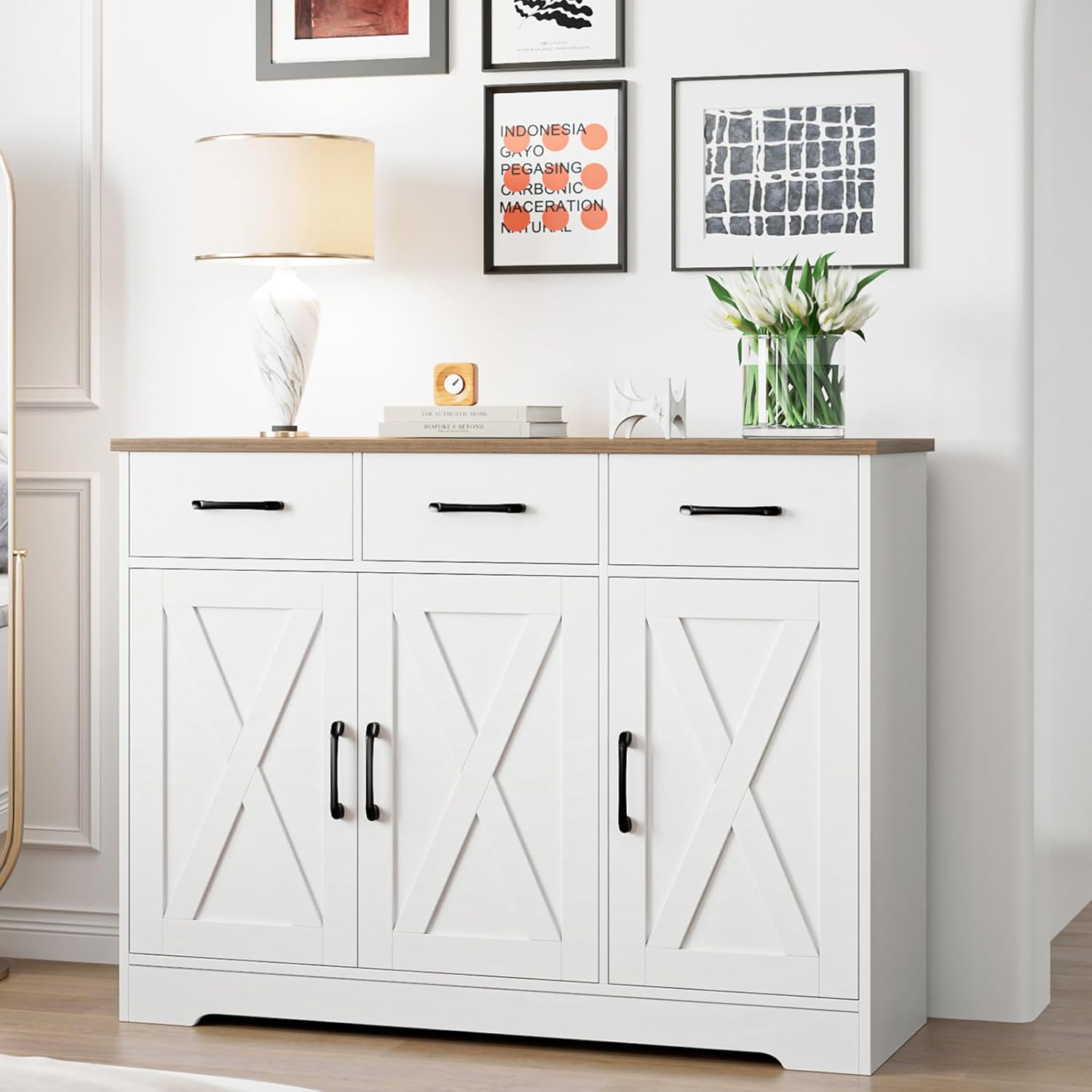 Modern farmhouse sideboard, barn door buffet storage cabinet with drawers and shelves, wooden coffee bar with storage wourant