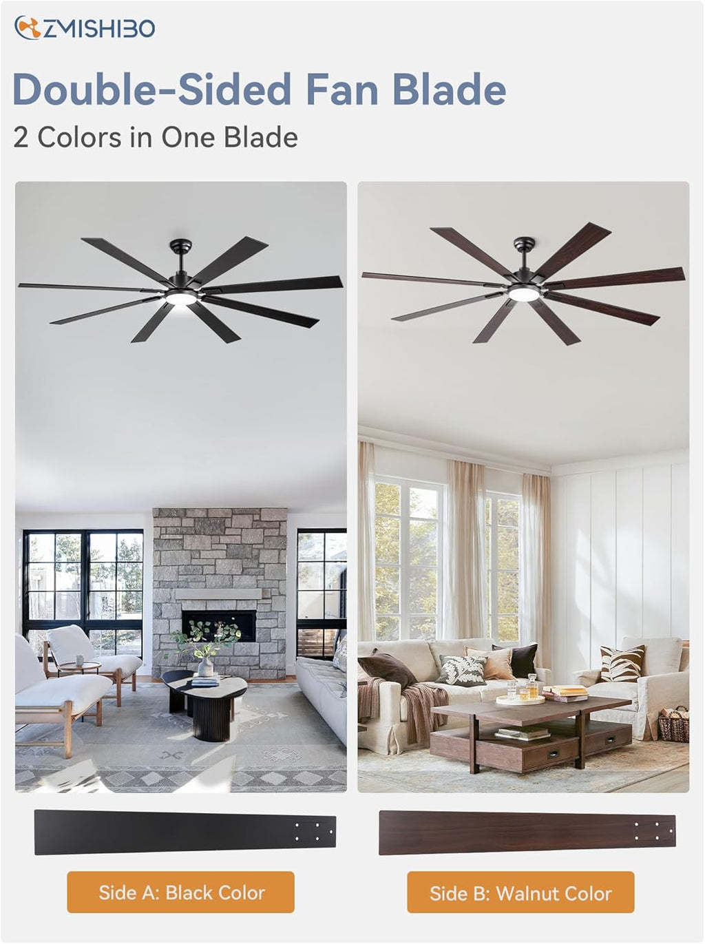 ZMISHIBO 72 inch Large Ceiling Fans with Lights and Remote, Indoor/Outdoor Black Modern Ceiling Fan for Kitchen Living Room Patio, 6 Speed Reversible Quiet DC Motor, 3 CCT, Dual Finish 8 Blades wourant